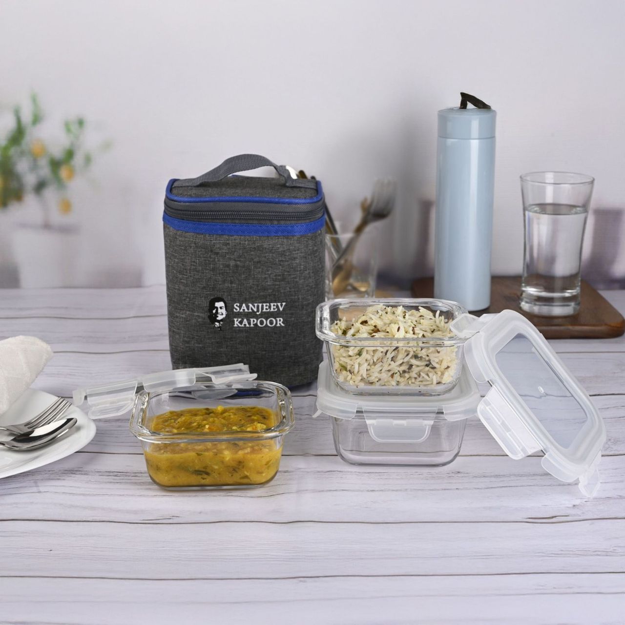 Sanjeev Kapoor Boston Square Lunch Box 3 x 400 Ml - Set Of 3 Pcs With Bag