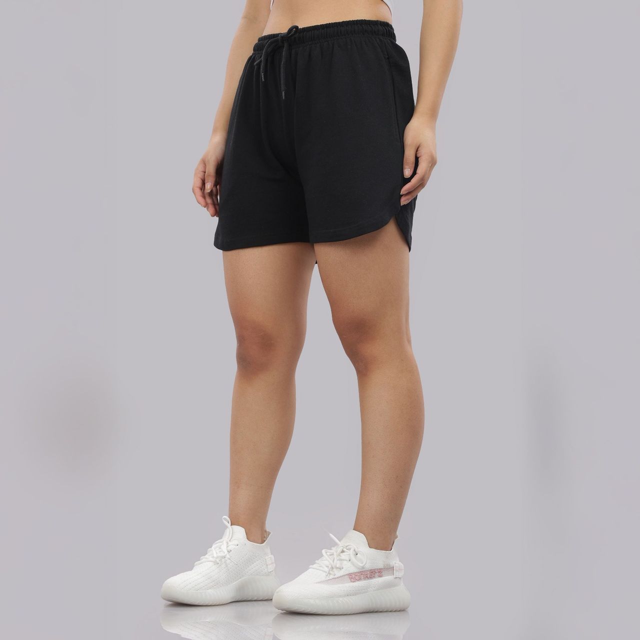 Springman Solid Black shorts With Elastic & Drawstring For Women | L