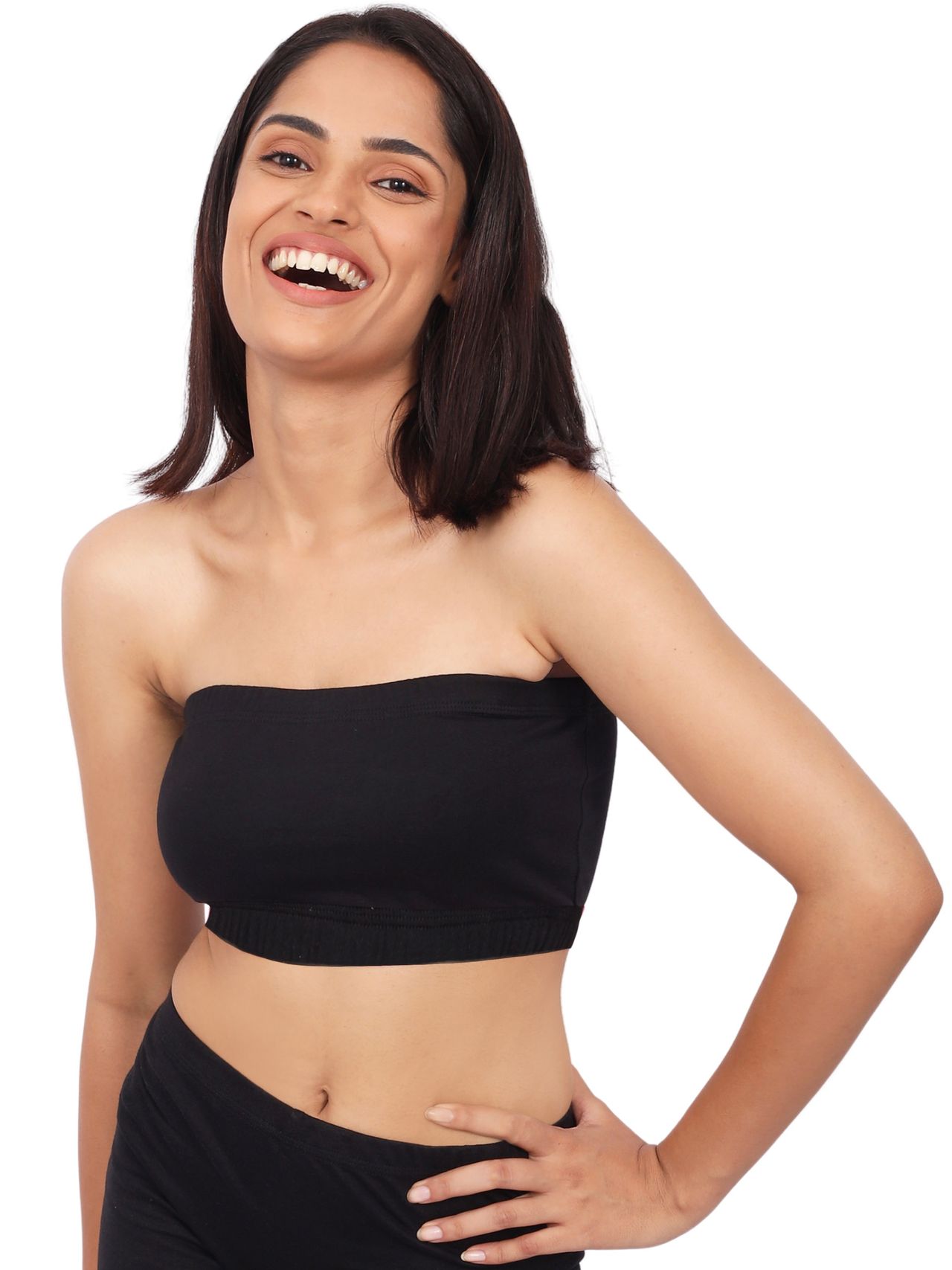 D'chica Double-Layer Cotton Strapless Bra | Non Padded Bandeau | Solid Black - L