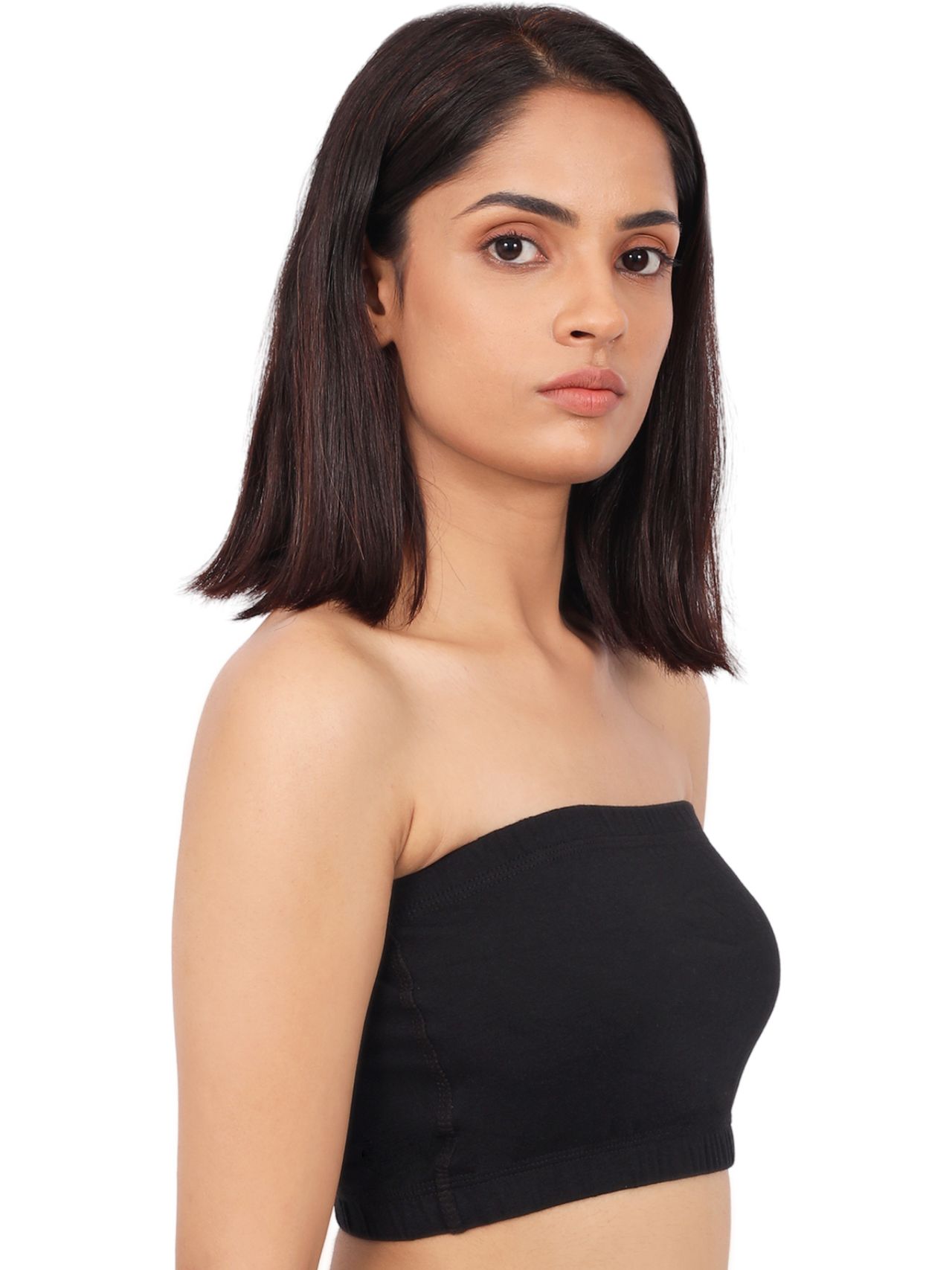 D'chica Double-Layer Cotton Strapless Bra | Non Padded Bandeau | Solid Black - L
