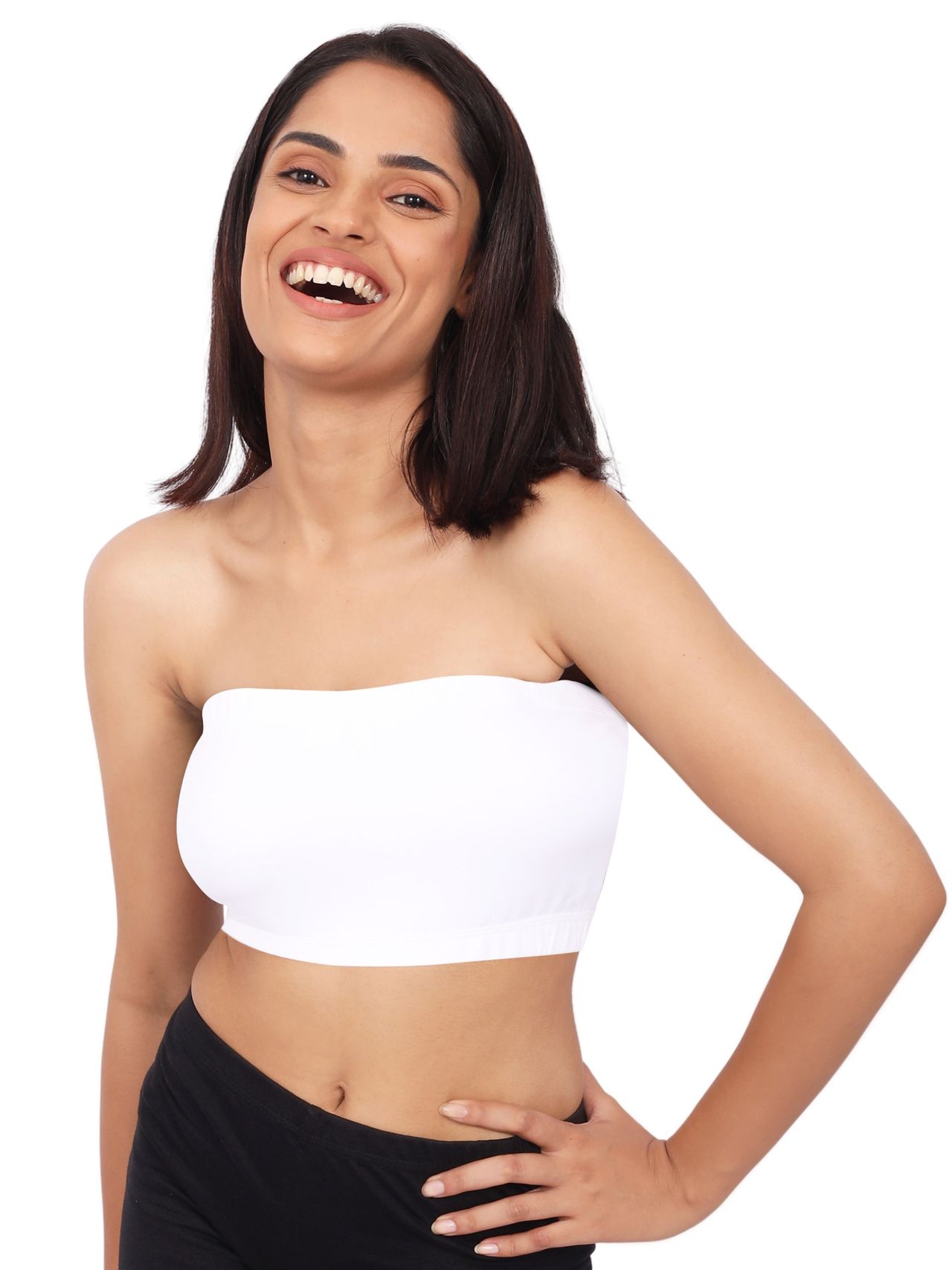 D'chica Double-Layer Cotton Strapless Bra | Non Padded Bandeau | Solid White - M