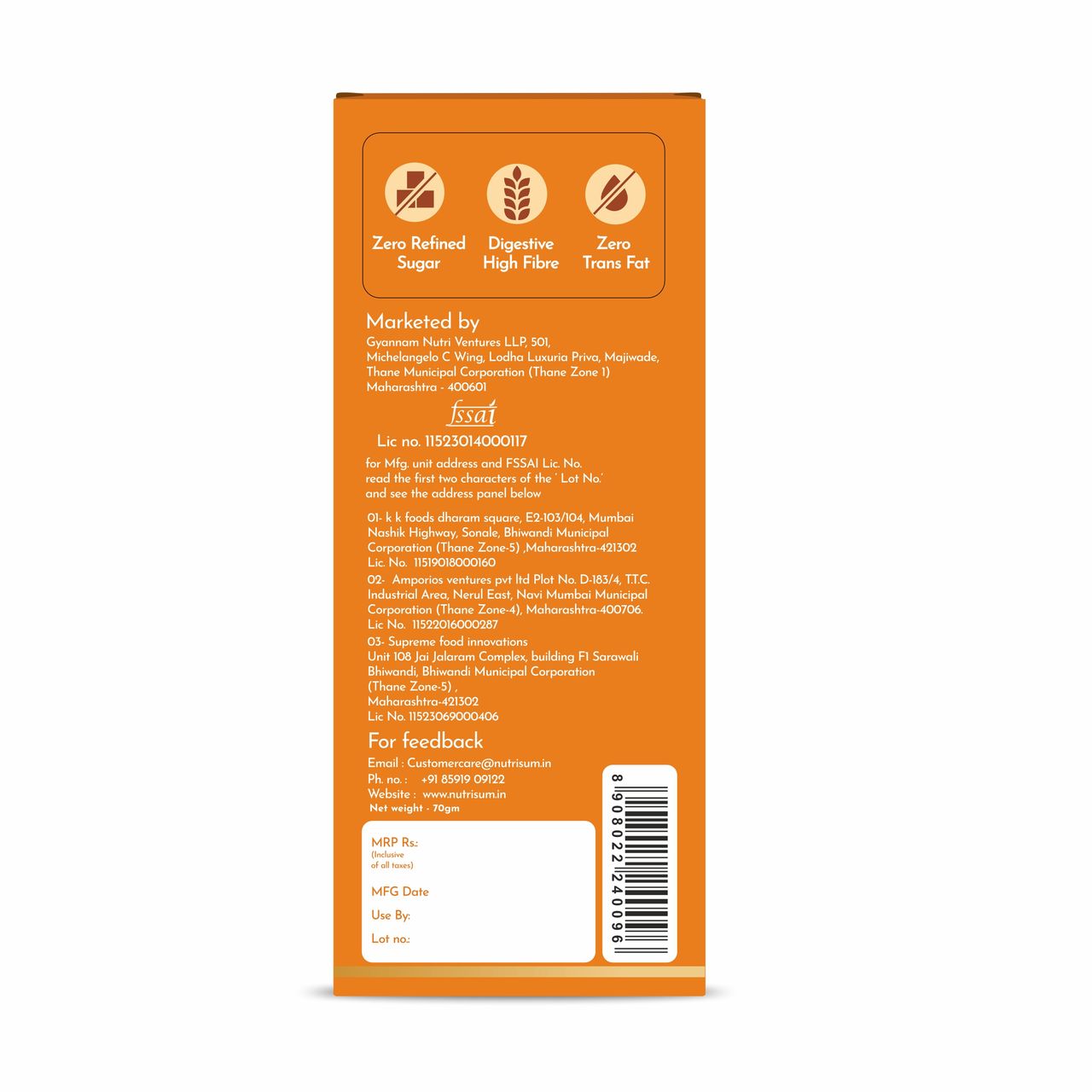 Nutrisum Oats Cookies - No Added Sugar - Chocolate Orange 70 g Combo