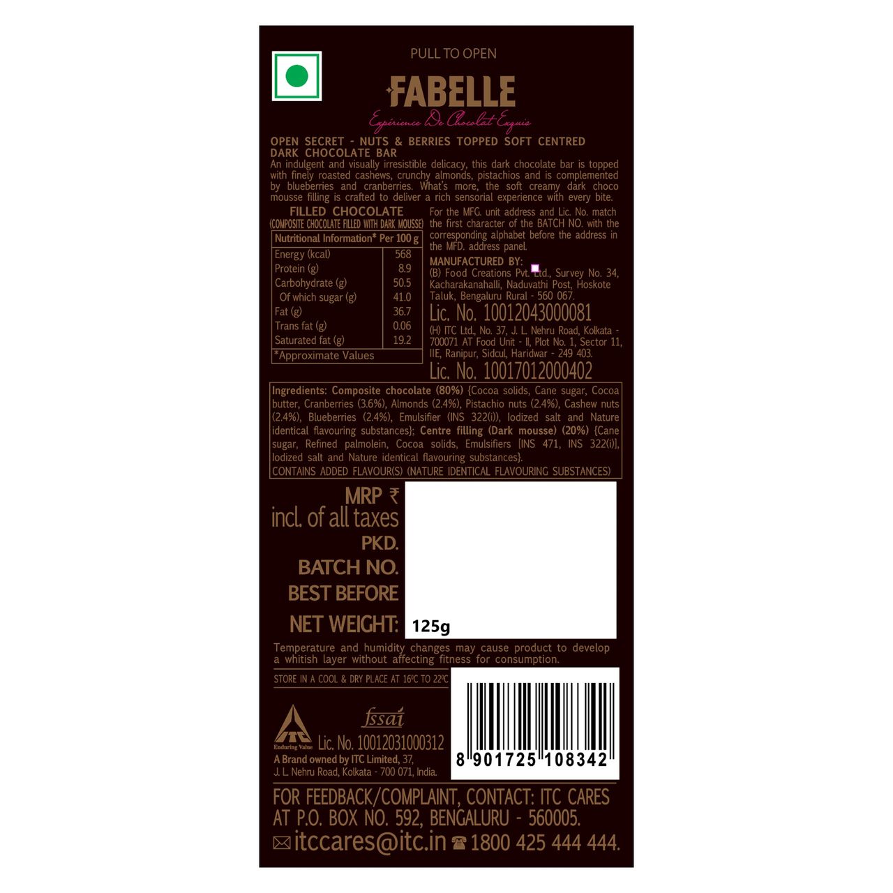 Fabelle Open Secret - Dark Chocolate Handcrafted Bar with Exotic Nuts & Berries Handcrafted Bar