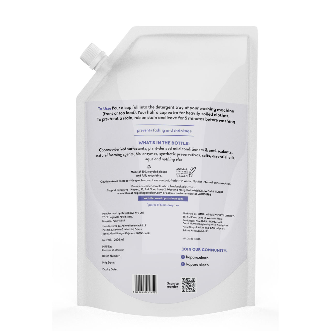 Koparo Natural Liquid Detergent (Top Load & Front Load)(2l) & Koparo Natural After Wash Fabric Conditioner(850ml) Combo