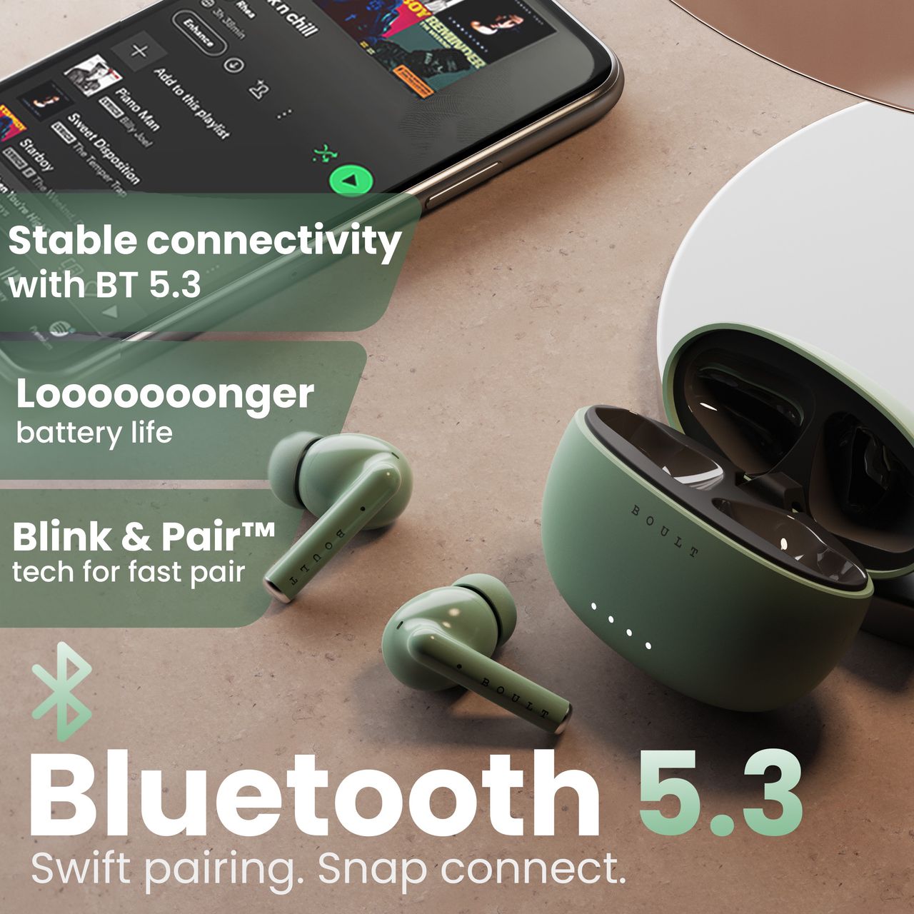 GOBOULT W20 with Zen Enc Mic | 35H Battery | Low Latency Gaming | 5.3V | True Wireless | Pine Green