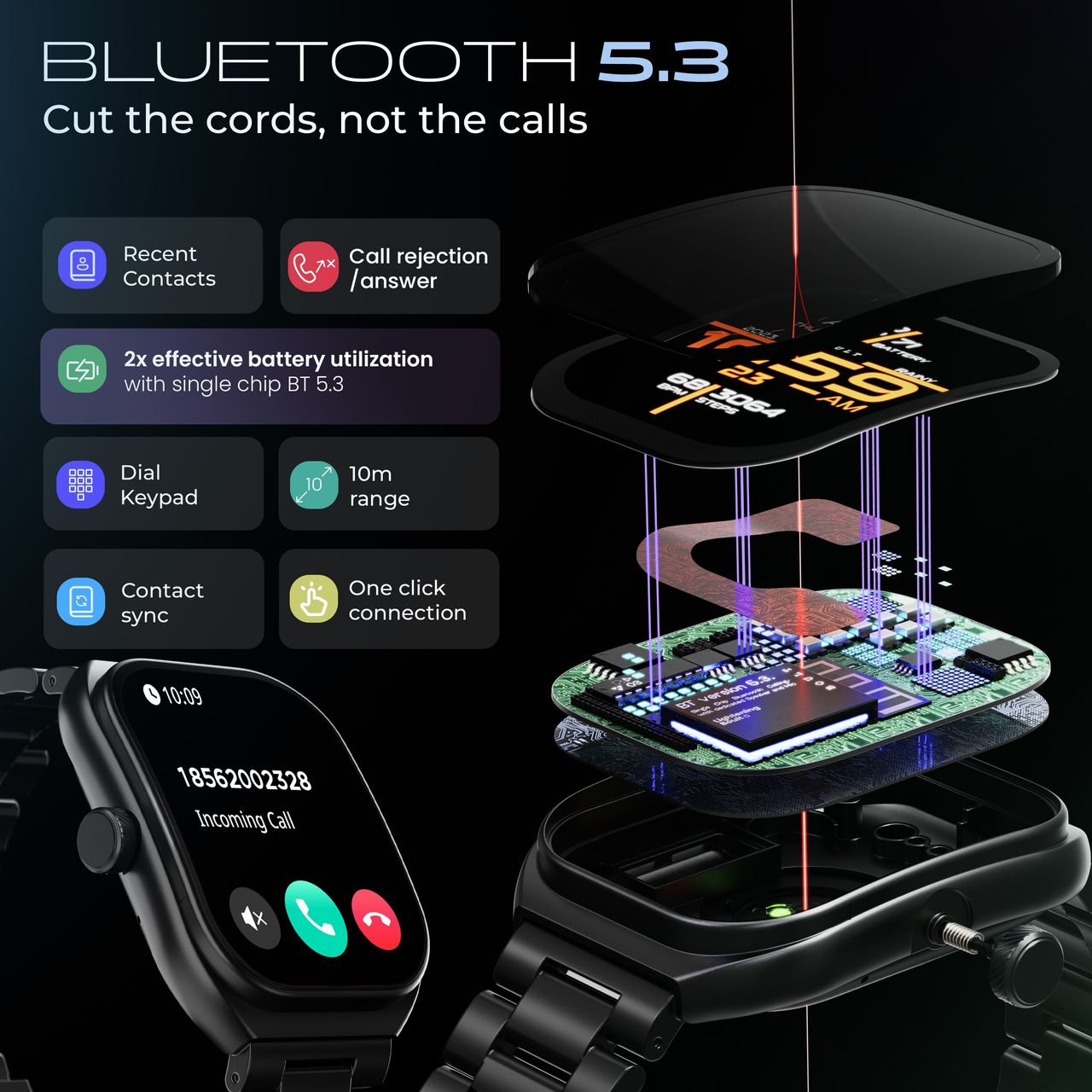 Boult Trail 2.01" 3D Curved Hd Display, Health Track Smartwatch (Metal Black Strap, Free Size)