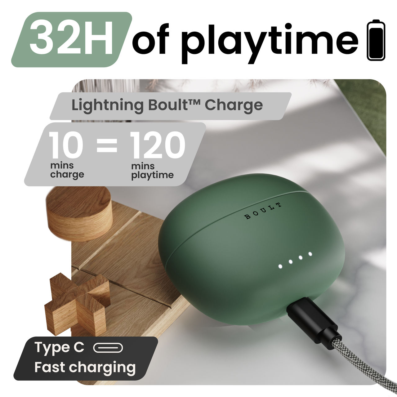 GOBOULT W20 with Zen Enc Mic | 35H Battery | Low Latency Gaming | 5.3V | True Wireless | Pine Green