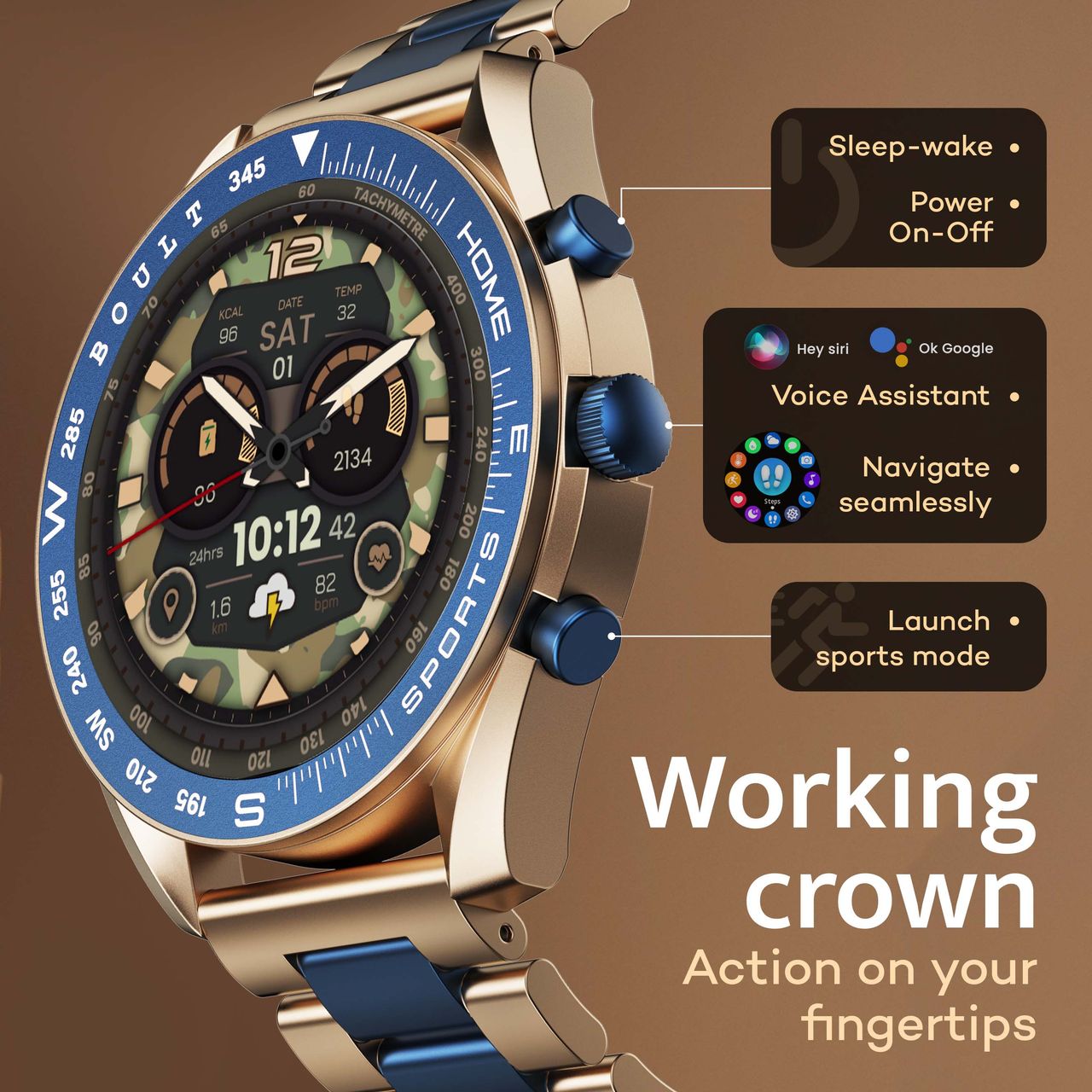 Boult Mirage 1.39" Screen, Bt Calling, Working Crown, Smartwatch(Amber Blue Strap)