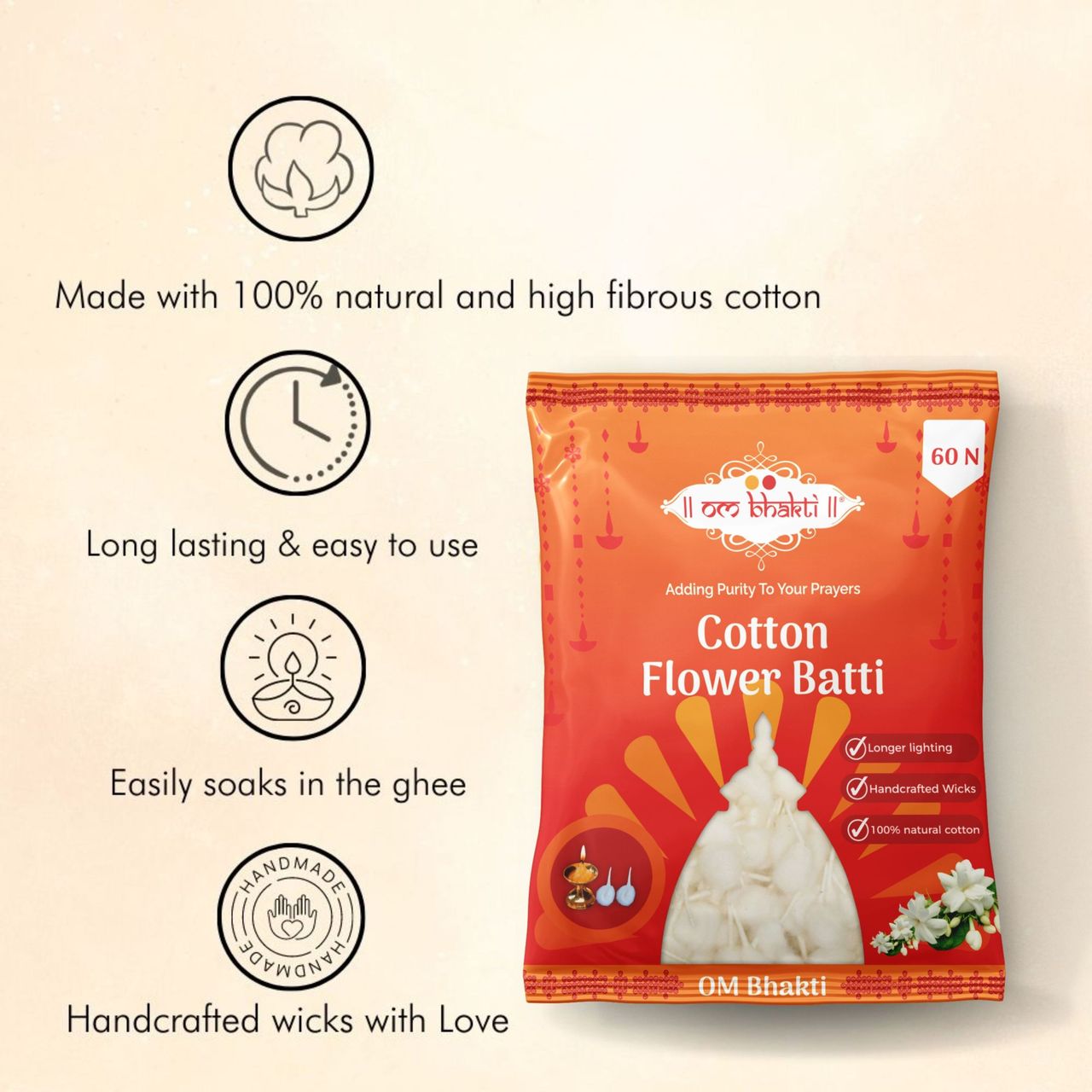 Om Bhakti Cotton Flower Batti 60 pc Combo