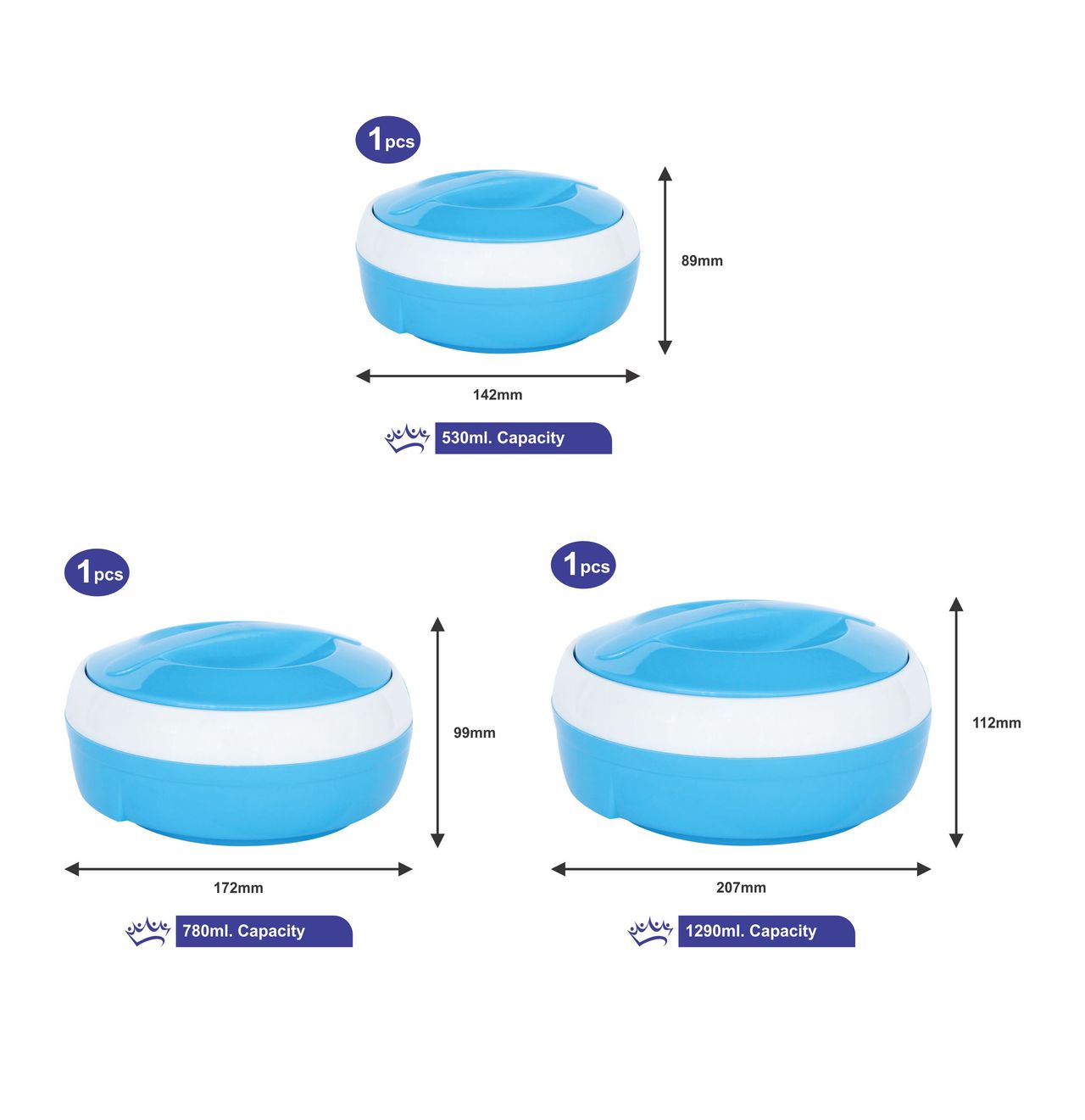 Princeware Solar Theroware Casserole Set of 3 Pcs 530 ml |780 ml |1290 ml | Blue