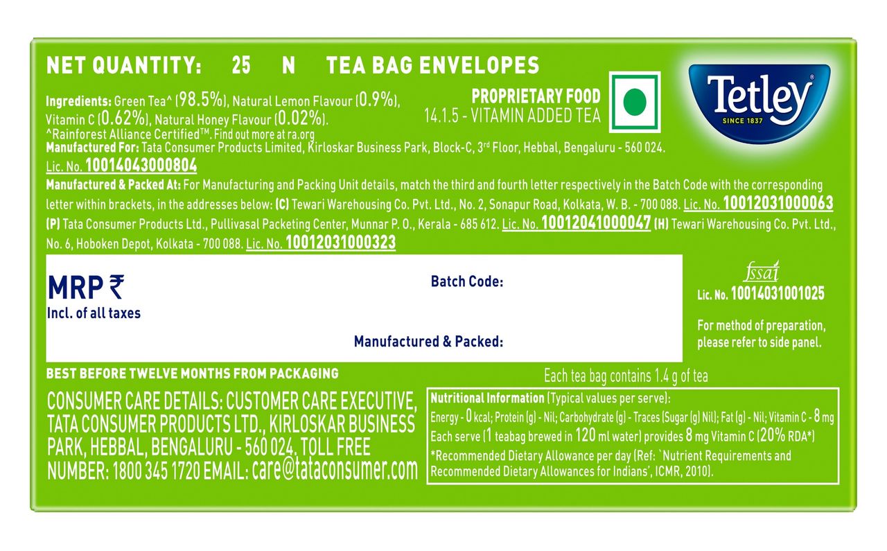 Tetley Lemon and Honey Green Tea