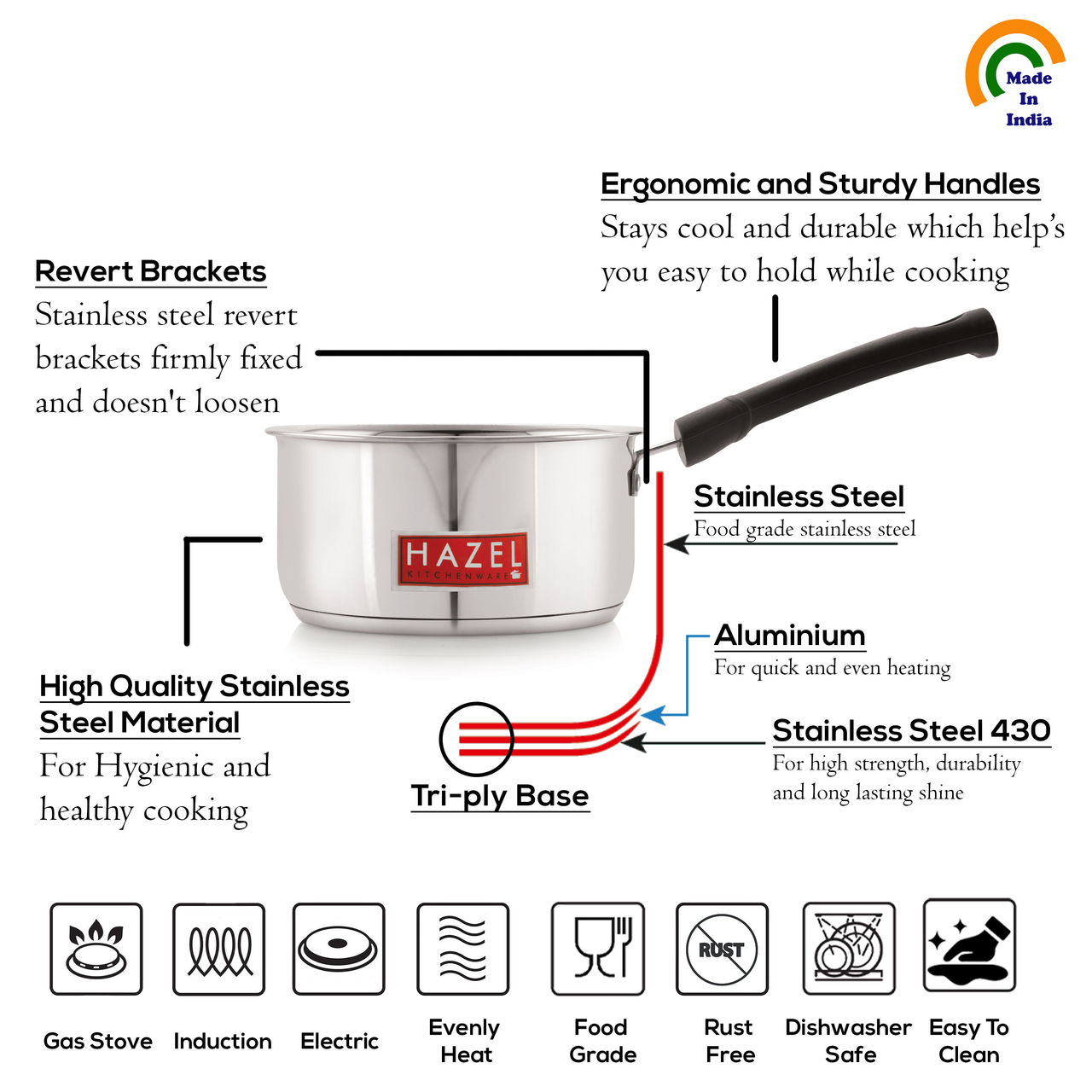 HAZEL Induction Bottom Sauce Pan - 1250 ml | Stainless Steel Saucepan with Handle