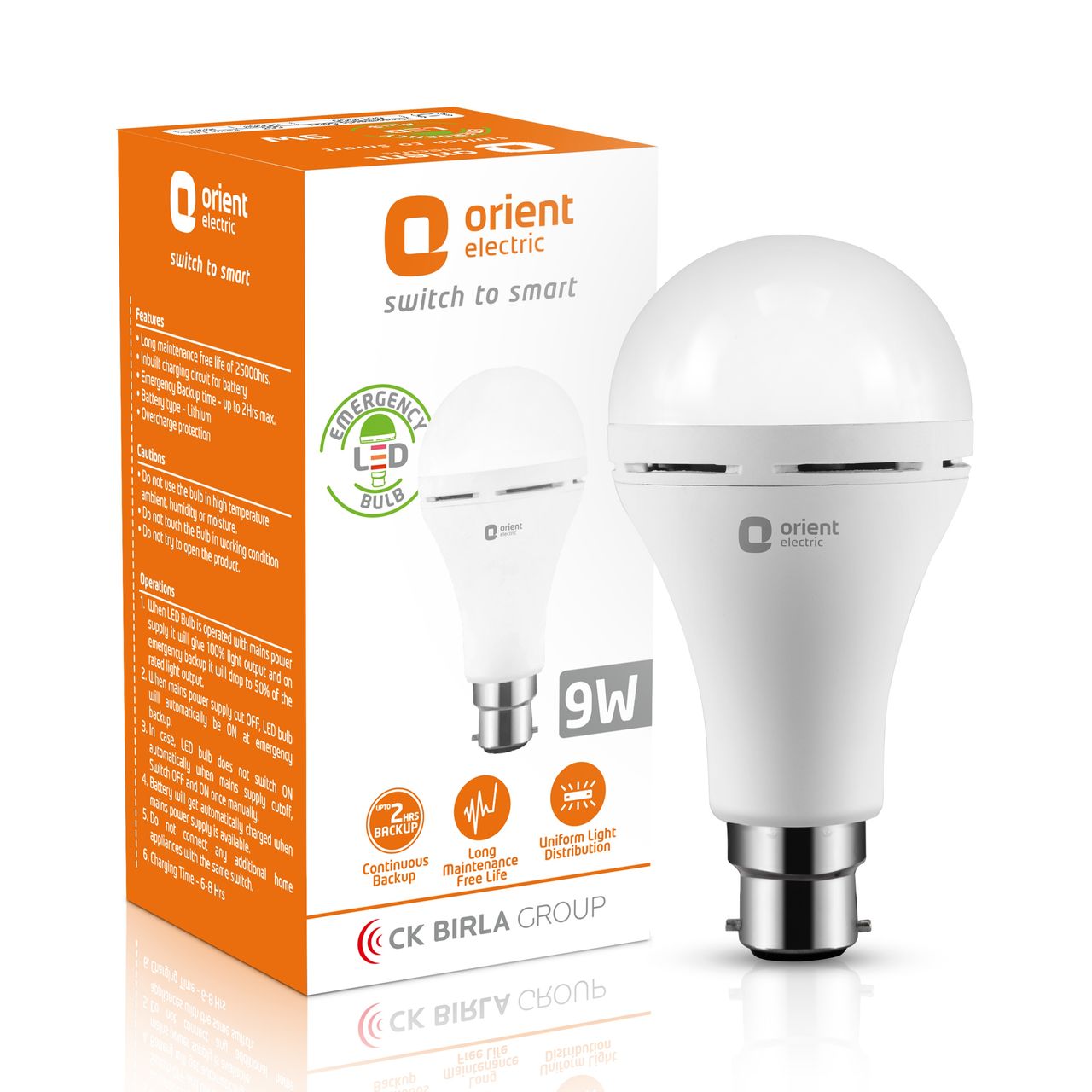 Orient Electric 9 Watts Inverter Emergency LED Light Bulb 6500K|(Cool Day White) | B22 Base Holder
