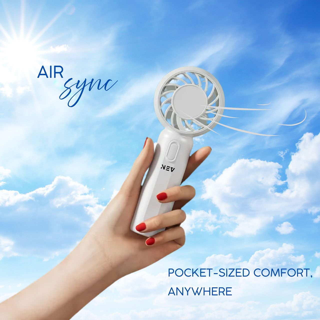 Nev Air Sync USB Portable Handhled Fan, 3 Speed Control, White