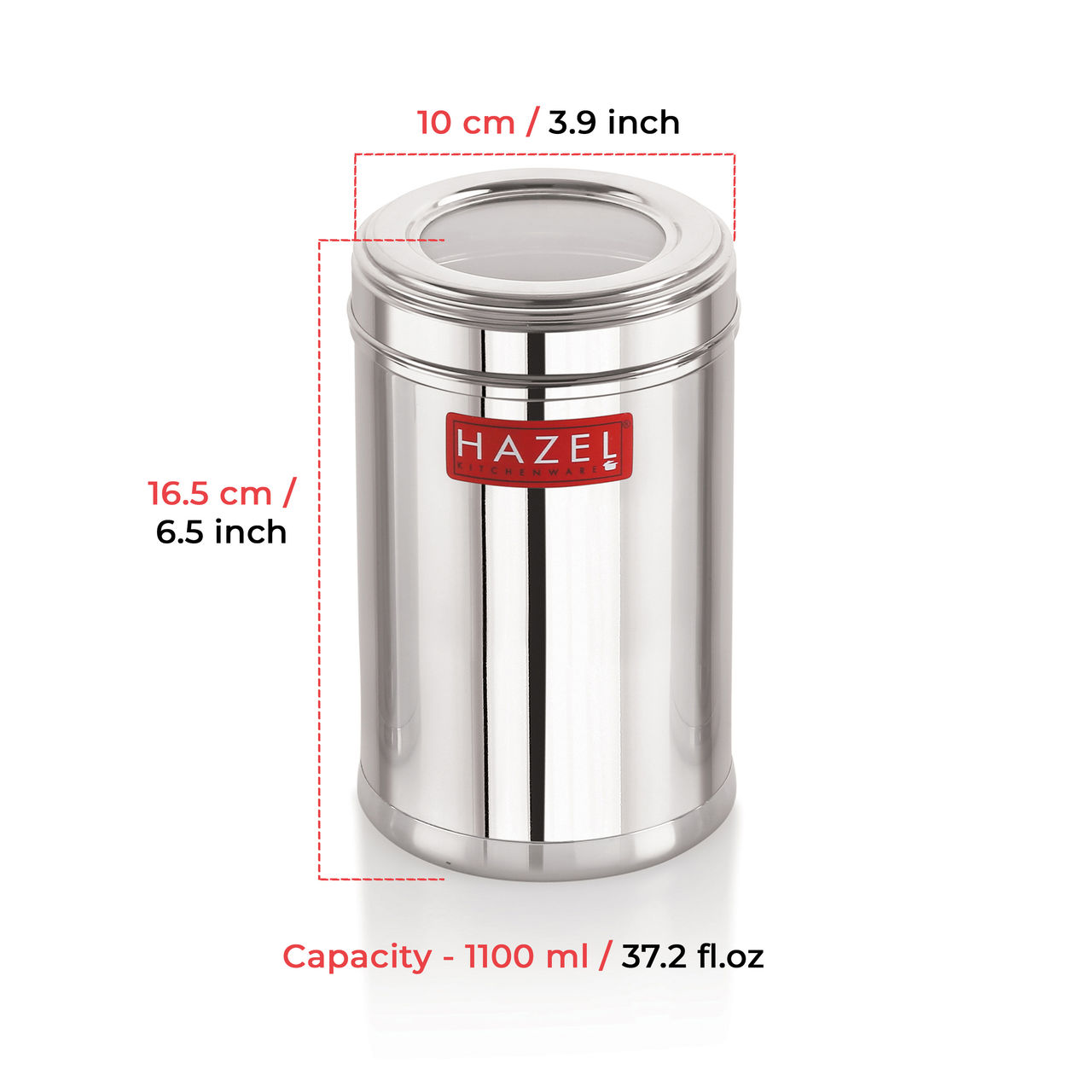 HAZEL Stainless Steel Kitchen Container Set - 1100 ml Set Of 2 | Transparent Lid | Matt Finish
