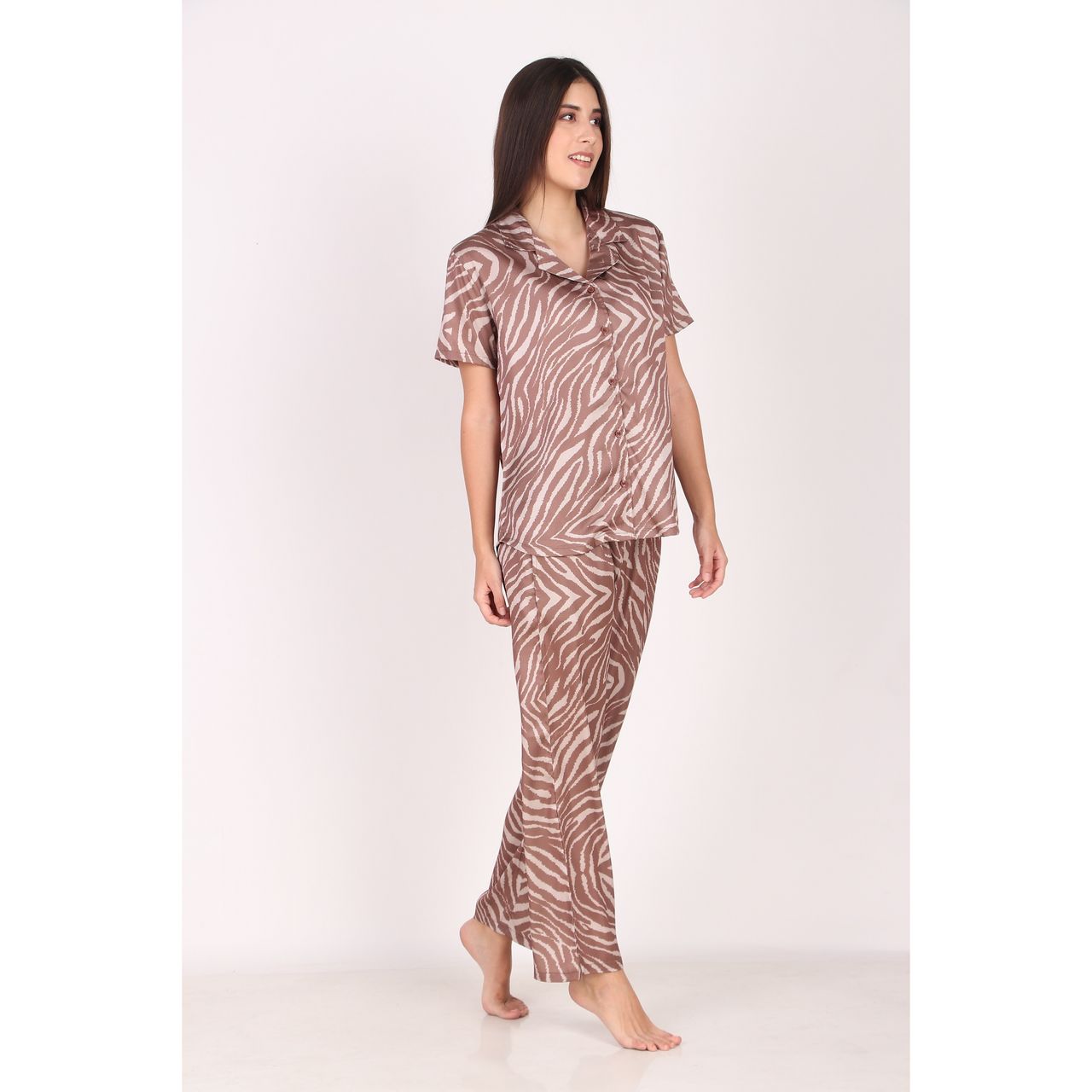 Masha Women's Zebra Brown Satin Pajamas | Set | S