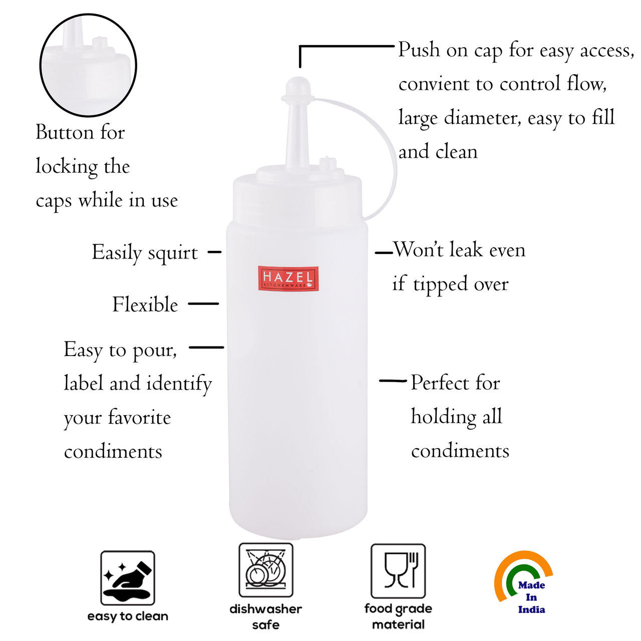 Hazel 610 Ml Squeeze Bottle With Cap | Food Grade Plastic Sauce Bottle For Restaurants & Picnics
