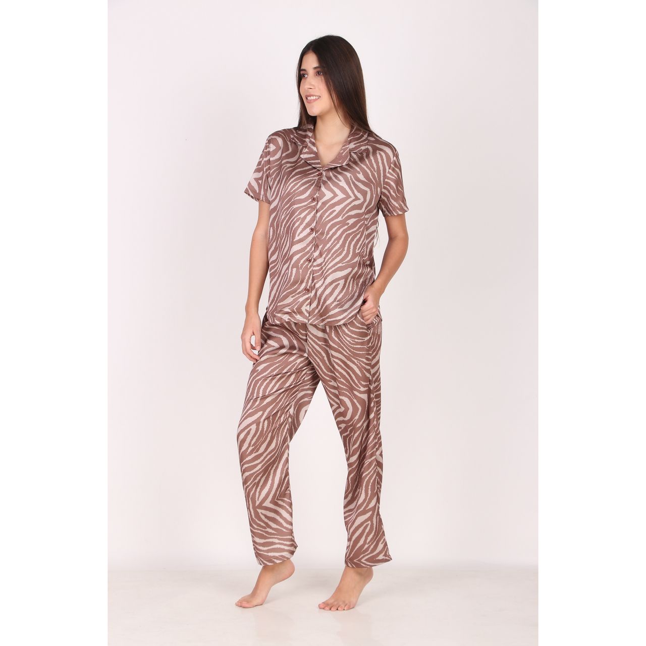 Masha Women's Zebra Brown Satin Pajamas | Set | S