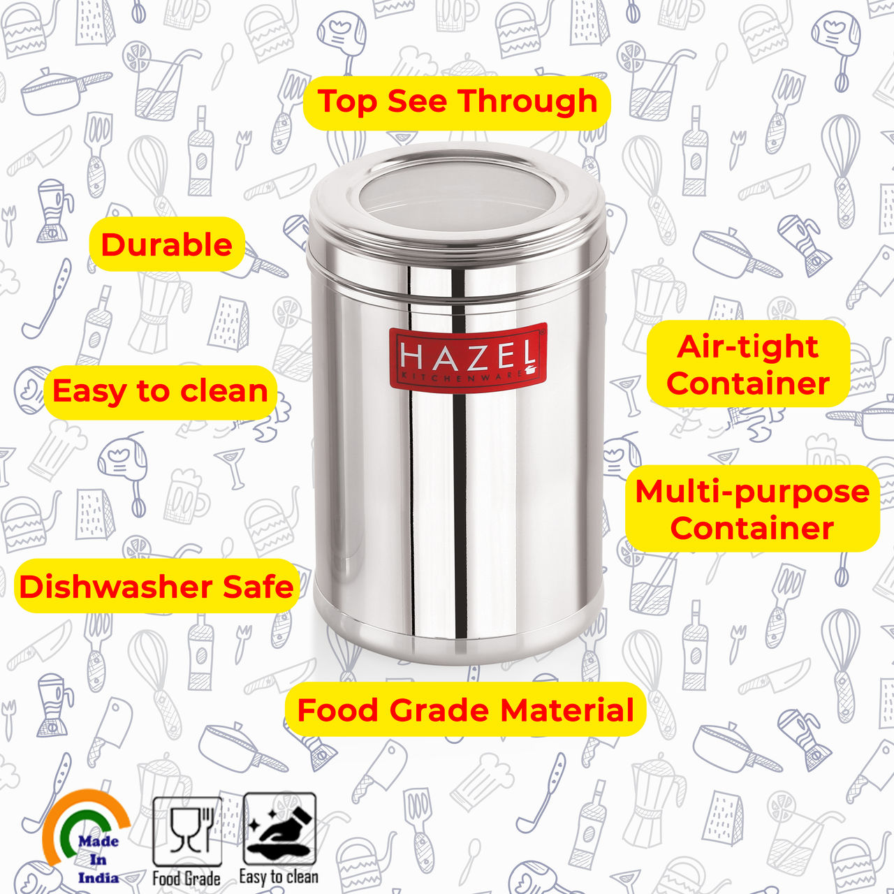 HAZEL Stainless Steel Kitchen Container Set - 1100 ml Set Of 2 | Transparent Lid | Matt Finish