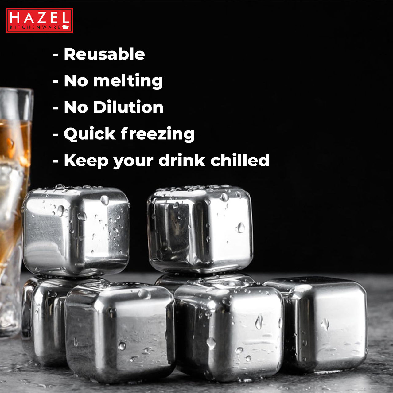 Hazel Stainless Steel Ice Cubes | Multipurpose Reusable Ice Cube, Set Of 4