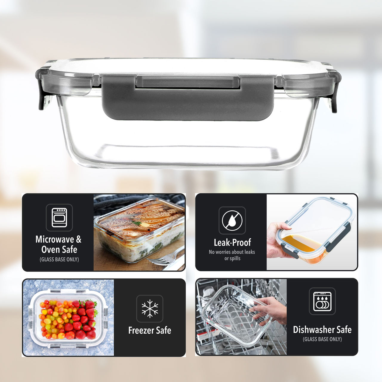 Cutting EDGE Borosilicate Glass Lunch Box-Detachable Lock - Set of 2 (370ml, 640ml) , Grey
