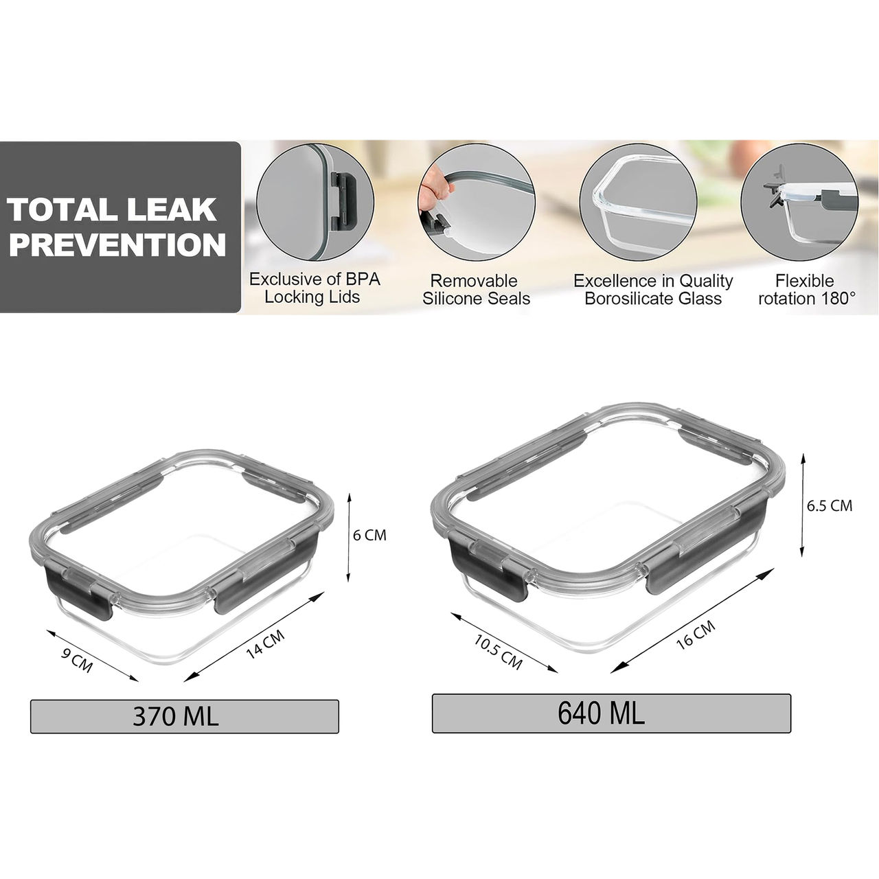 Cutting EDGE Borosilicate Glass Lunch Box-Detachable Lock - Set of 2 (370ml, 640ml) , Grey