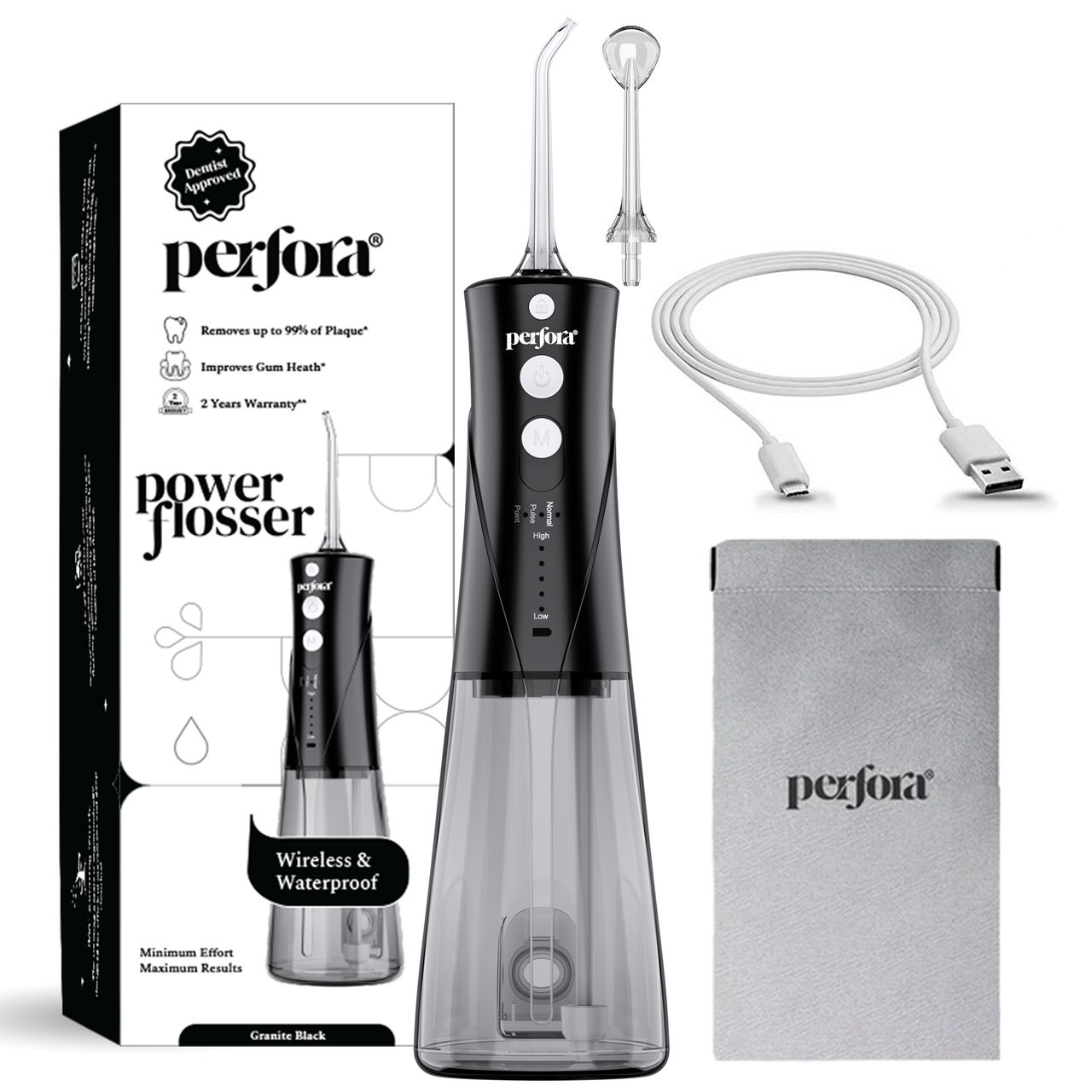 Perfora Power Dental Water Flosser - With Custom 8 Water Pressure Settings & 2 Nozzles - Granite Black