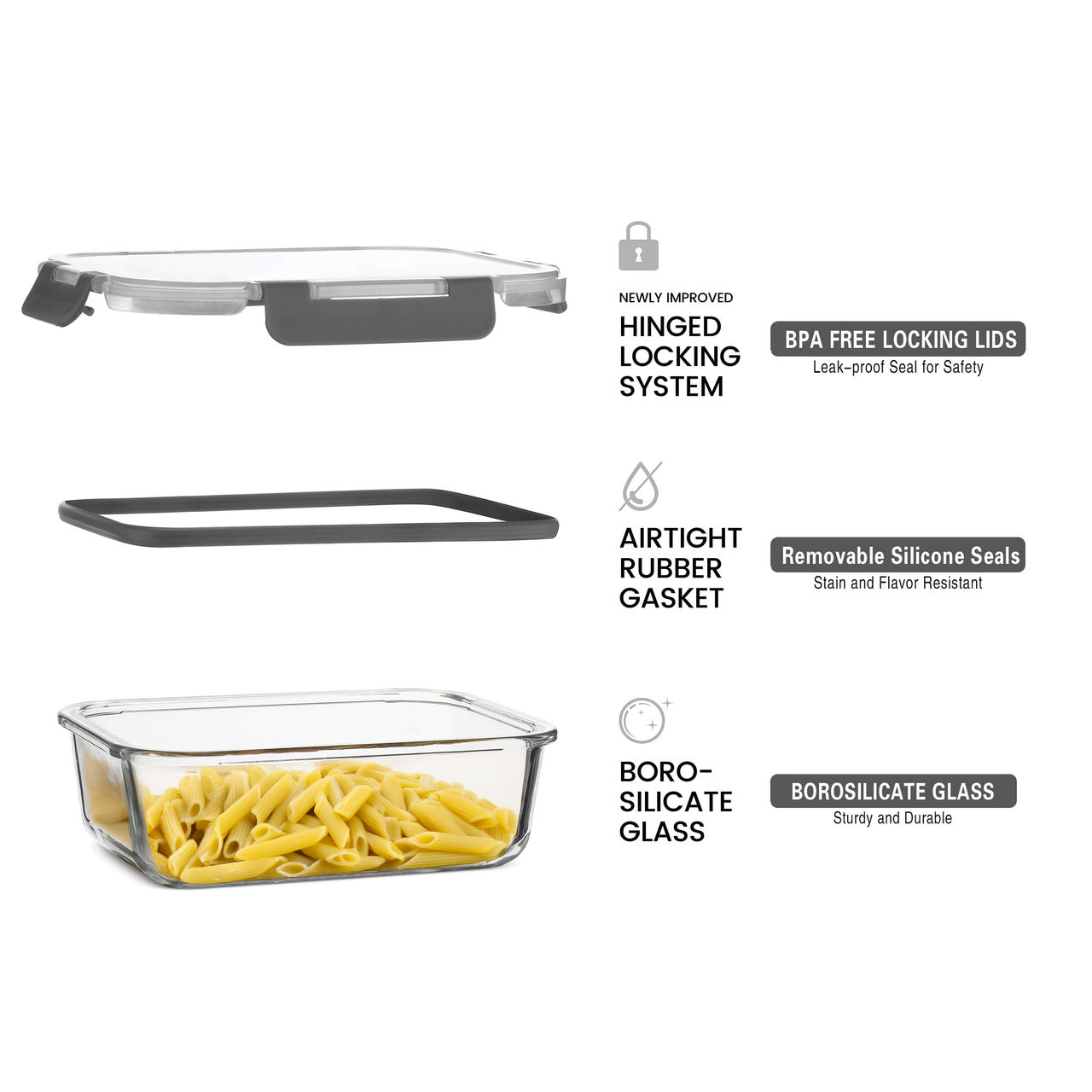 Cutting EDGE Borosilicate Glass Lunch Box-Detachable Lock - Set of 2 (370ml, 640ml) , Grey