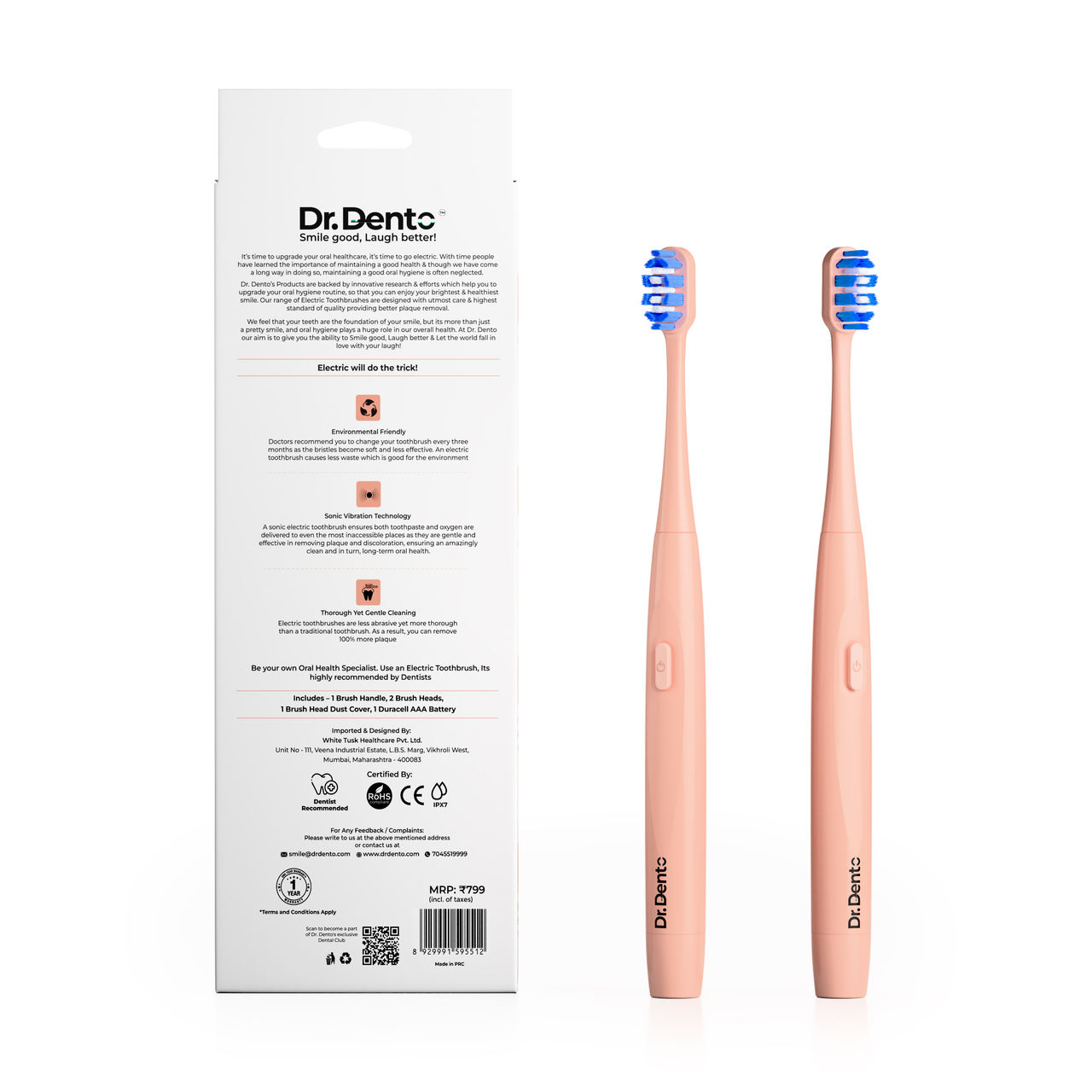 Dr.Dento Neo Sonic Electric Toothbrush | 2 Heads + Cover | 120 Day Battery - Coral Red