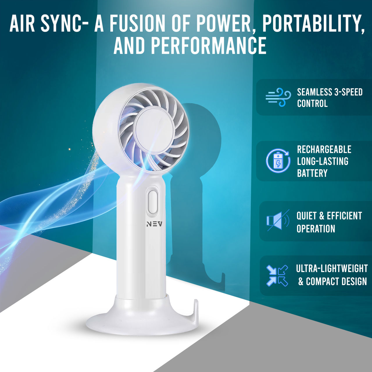 Nev Air Sync USB Portable Handhled Fan, 3 Speed Control, White
