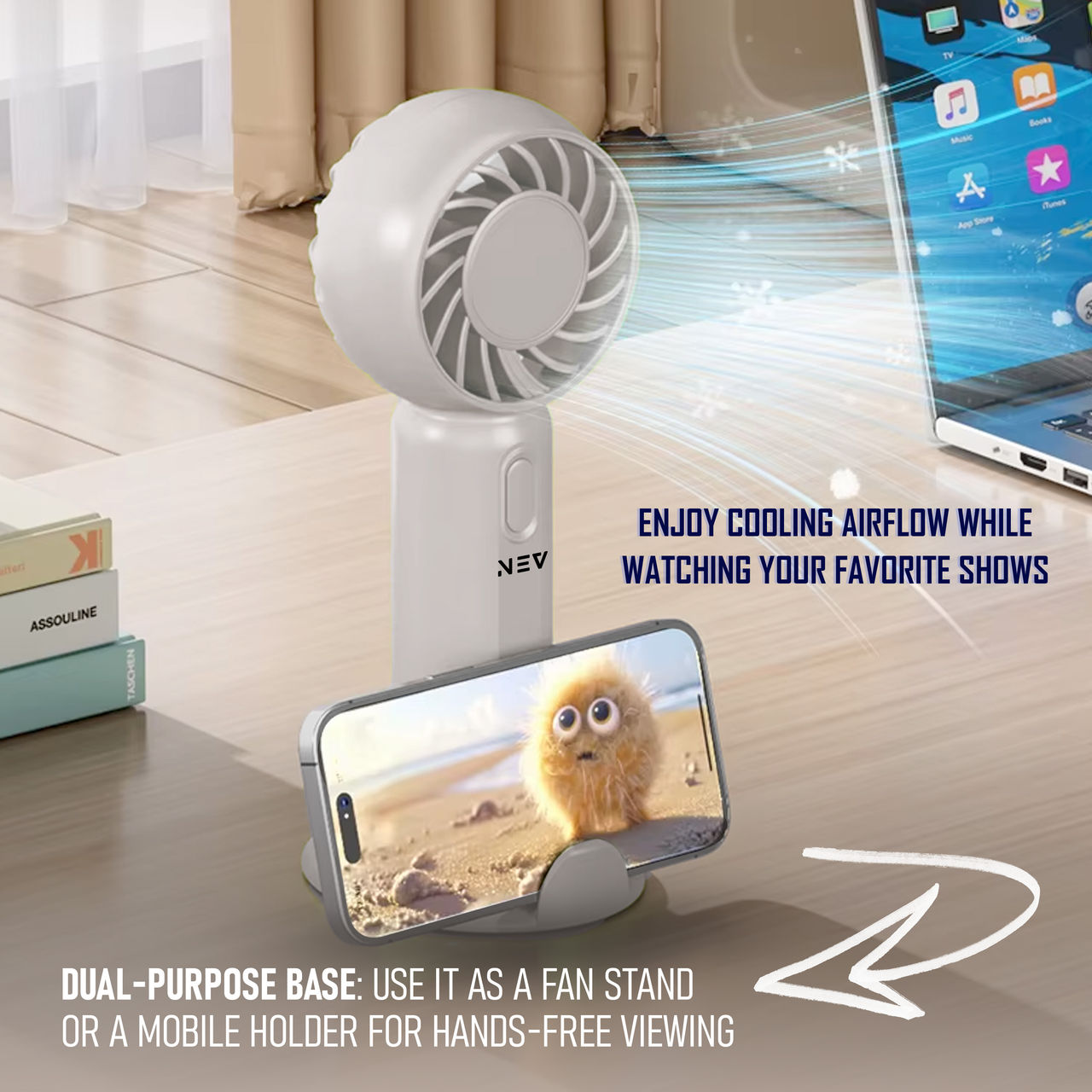Nev Air Sync USB Portable Handhled Fan, 3 Speed Control, White
