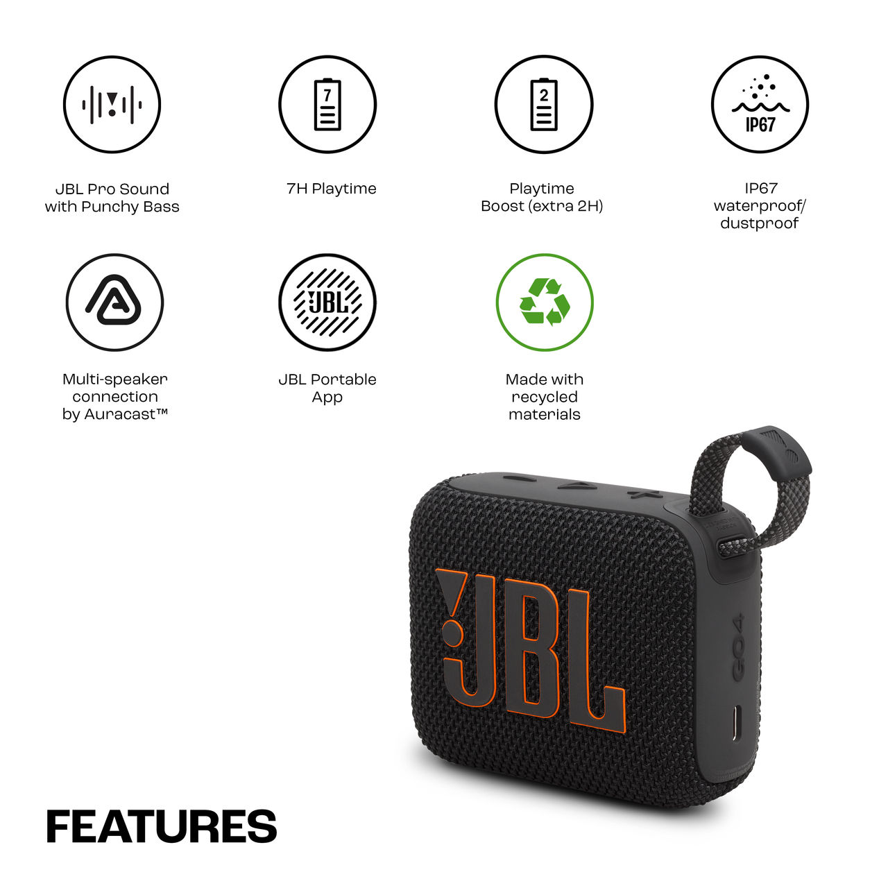 JBL Go 4, Wireless Ultra Portable Bluetooth Speaker (Without Mic, Black)
