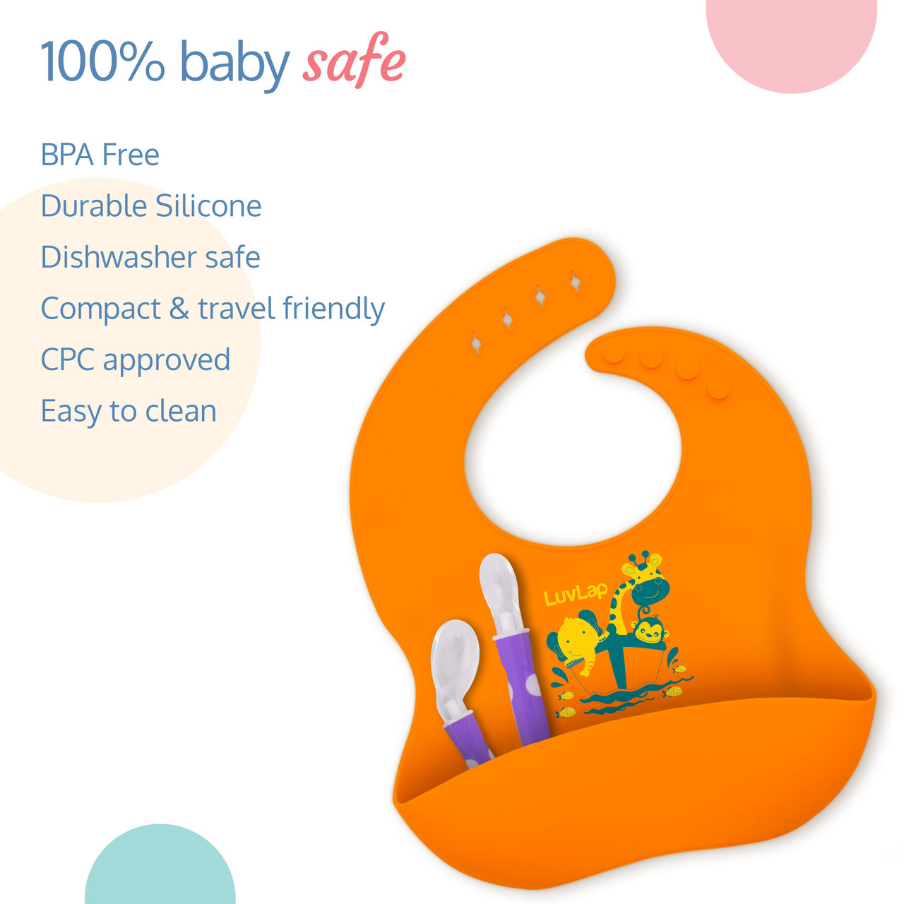 LuvLap Silicone Baby Bib Adjustable For Kids | Orange | 0 - 3 years