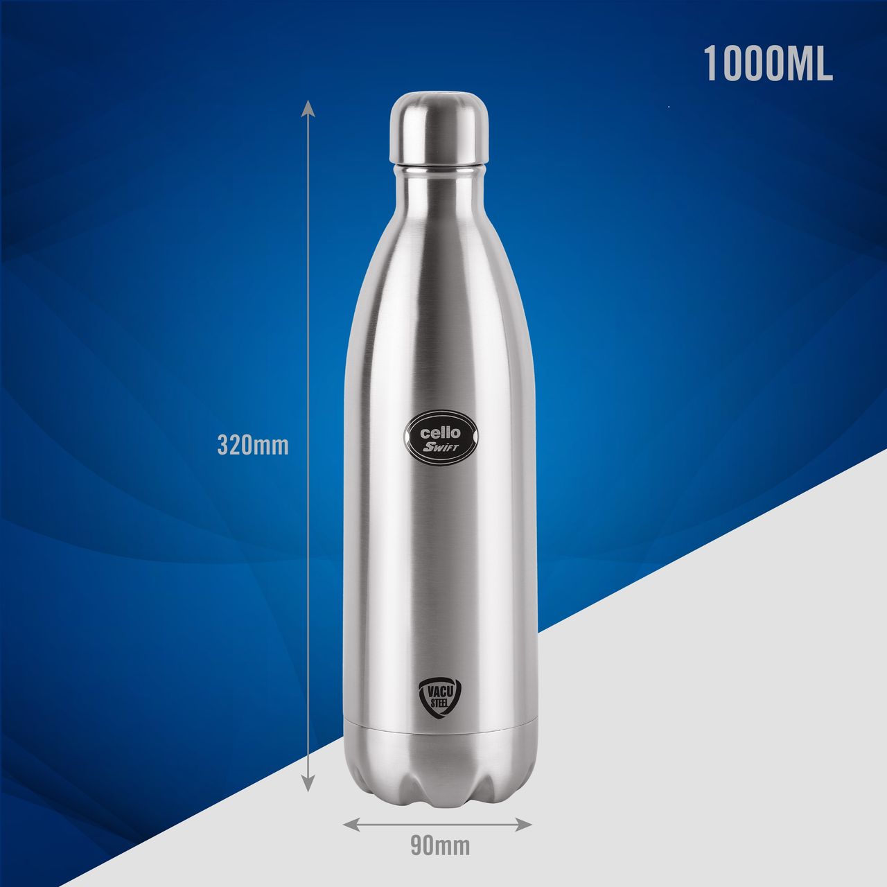 Cello Swift Thermosteel Water Bottle 1000ml, Silver