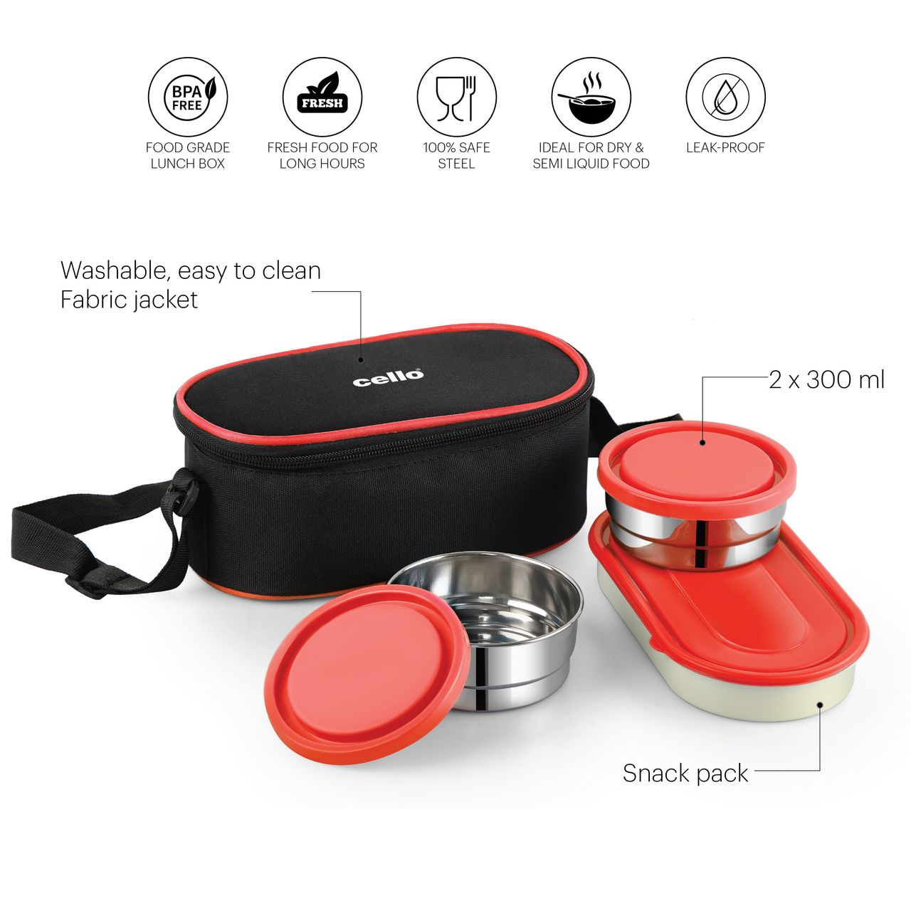 Cello Exe Stainless Steel Lunch Box with Jacket, Red, 3 Container with Jacket