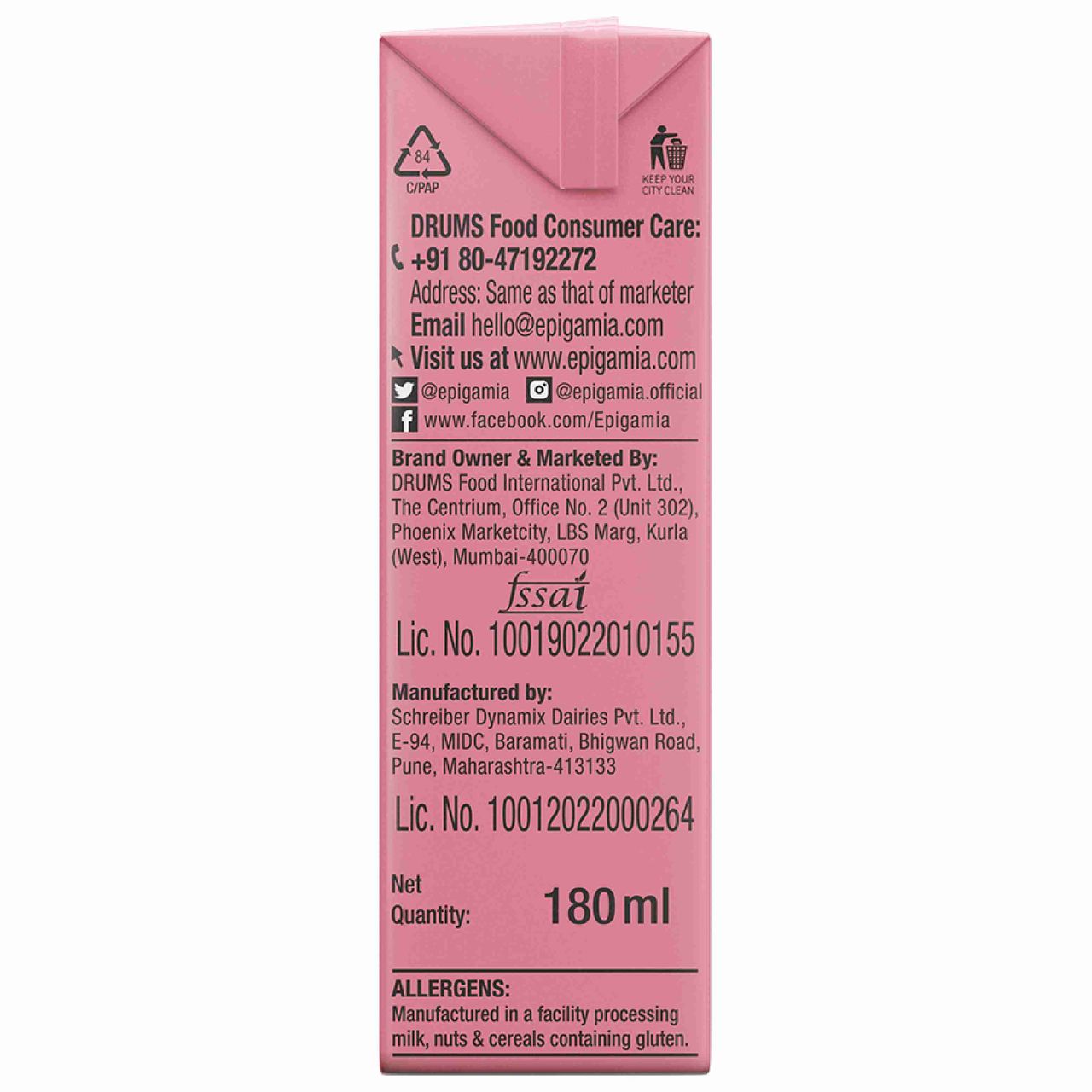 Epigamia Milkshake - Strawberry Tetrapack 180 ml Combo