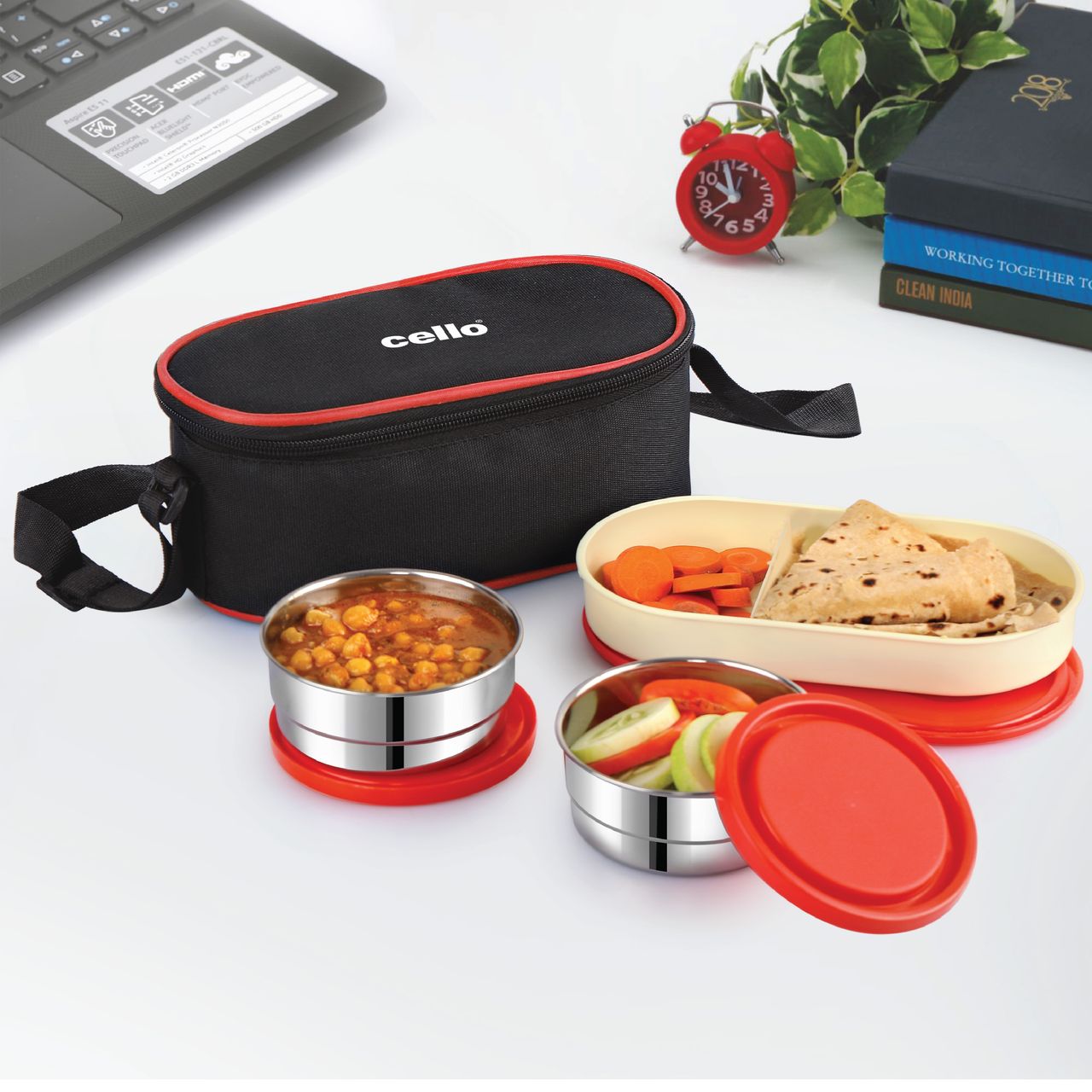 Cello Exe Stainless Steel Lunch Box with Jacket, Red, 3 Container with Jacket