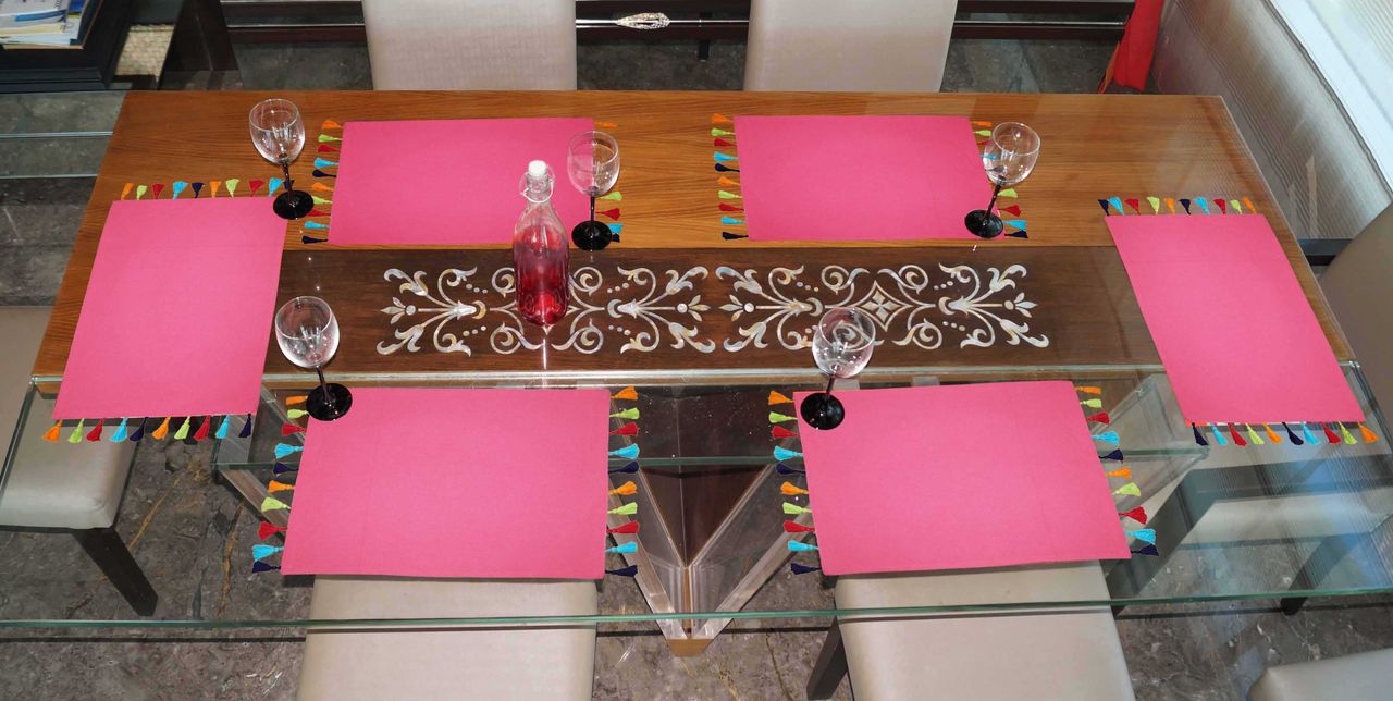 Lushomes Table Mat - Raspberry | Pom Pom Border | 13 x 19 inch