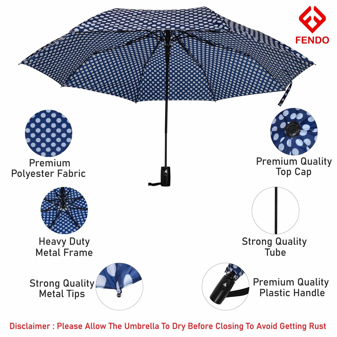 Fendo Bobby 3 Fold Auto Open 23.5 Inch Sun & Rainproof Regular Umbrella For Men & Women | Navy Dots