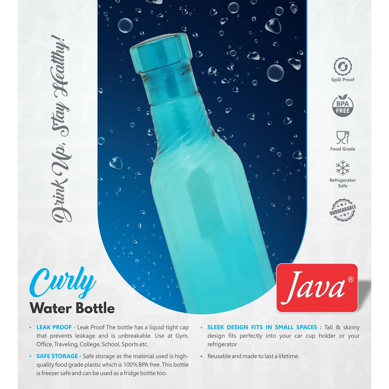 Java Curly Plastic Water Bottle 1000 ml | Pack of 3 (Colour May Vary)