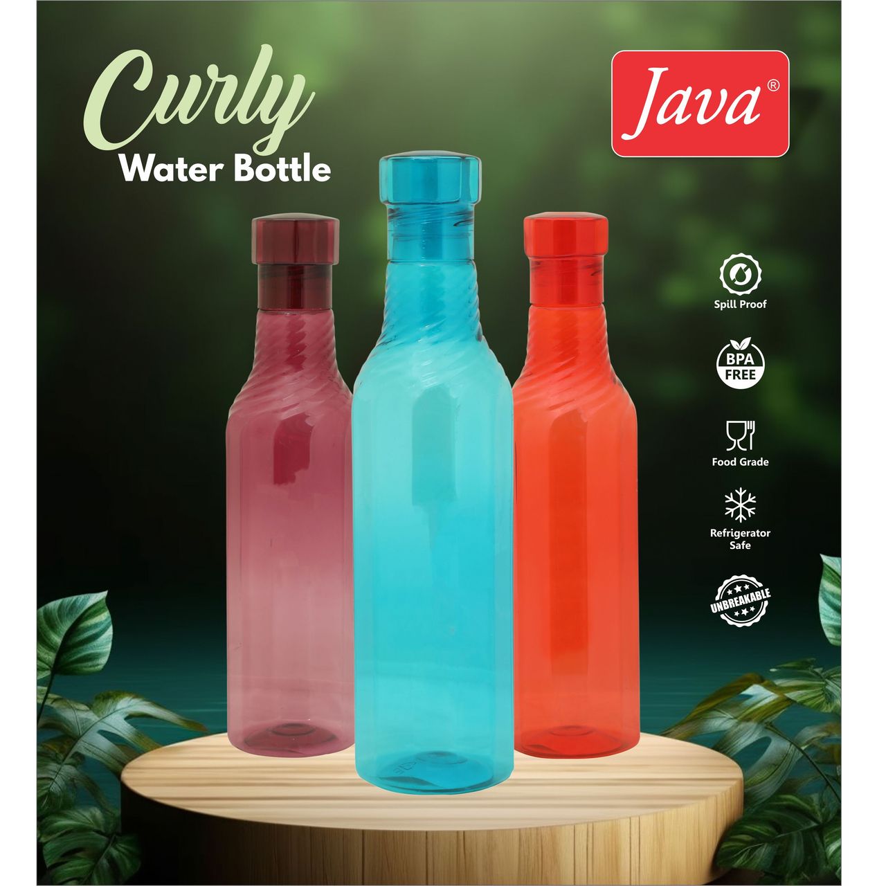 Java Curly Plastic Water Bottle 1000 ml | Pack of 3 (Colour May Vary)
