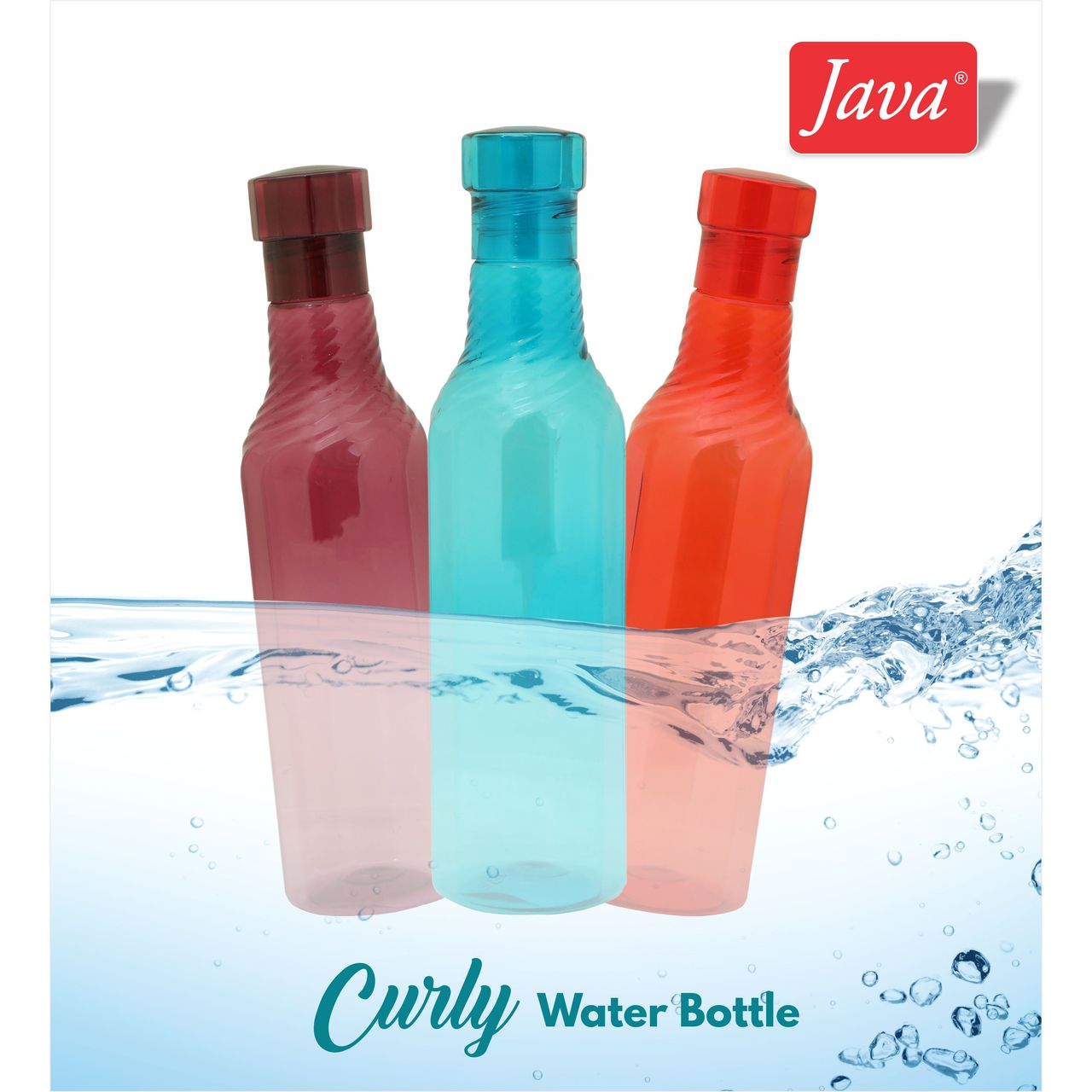 Java Curly Plastic Water Bottle 1000 ml | Pack of 3 (Colour May Vary)