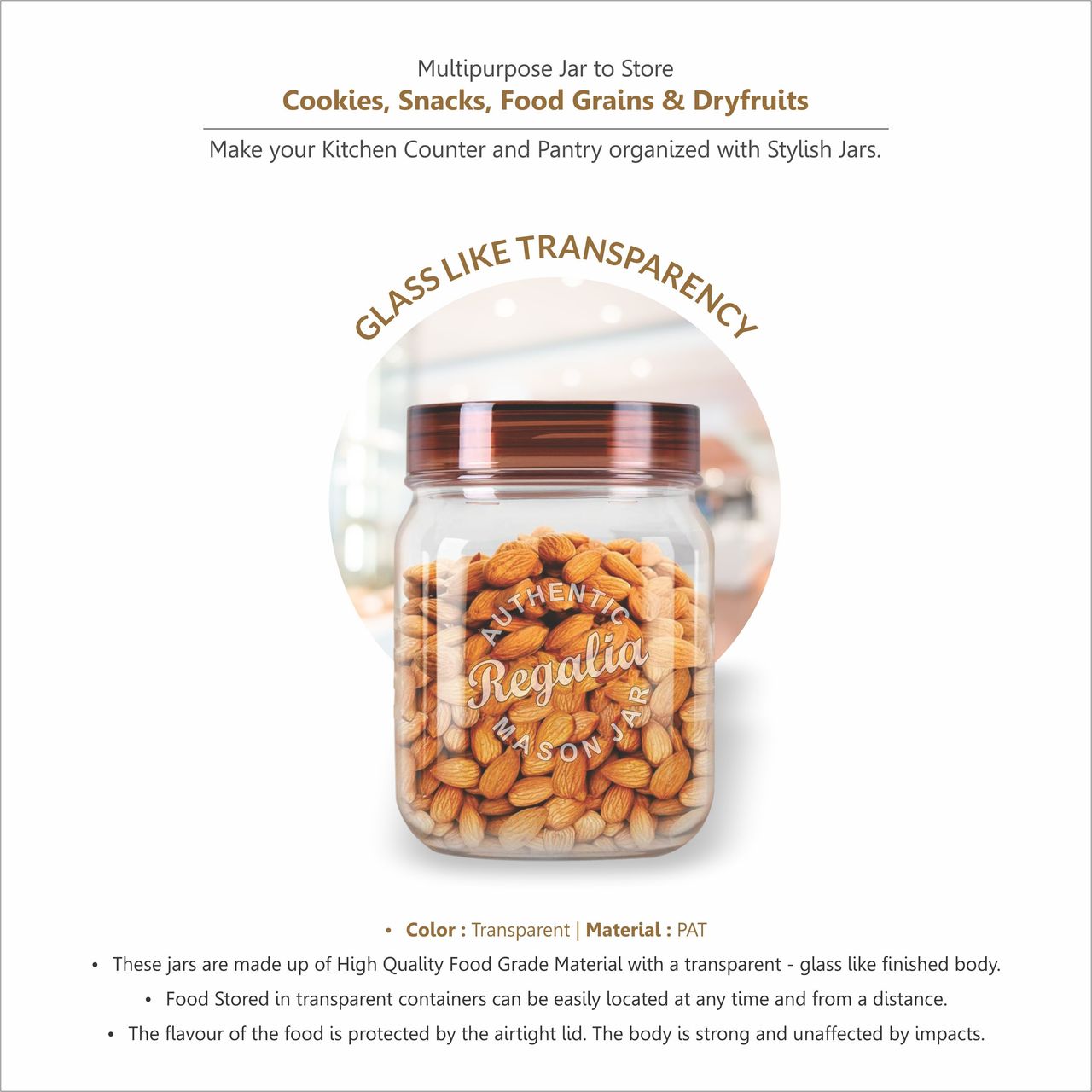 Java Regalia Plastic Utility Grocery Container | Transparent bottom & Brown Lid | 2500 ml
