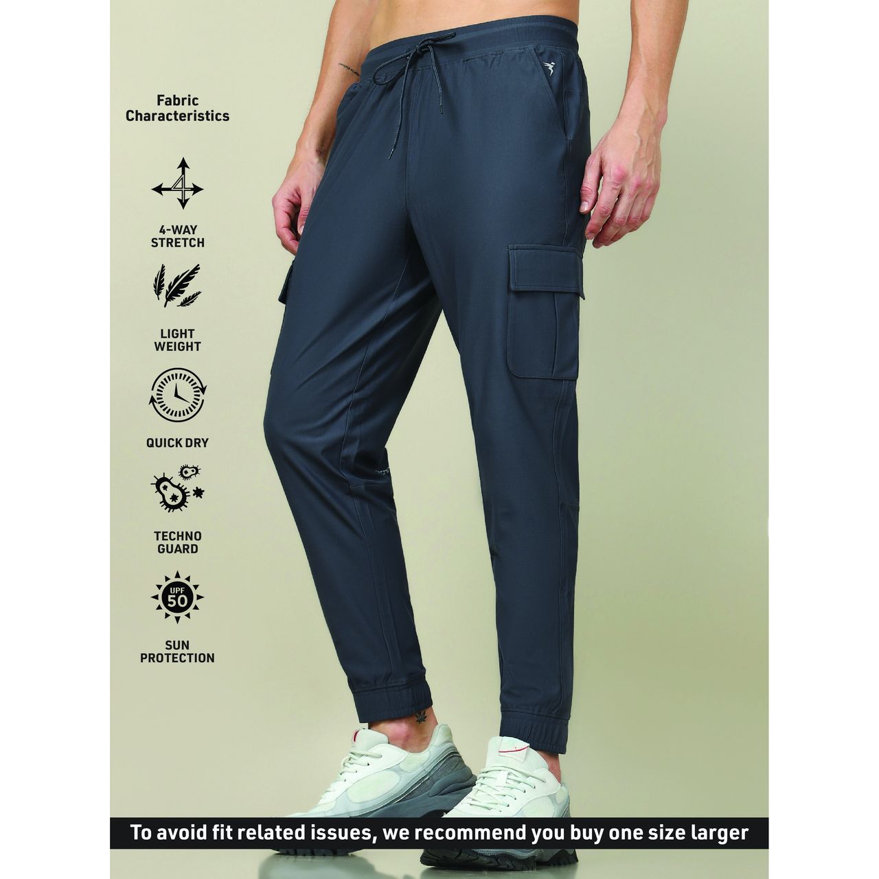 Technosport Men Poly Solid Slim Fit Sports Cargo Joggers with DURACOOL+ | Carbon Grey | M