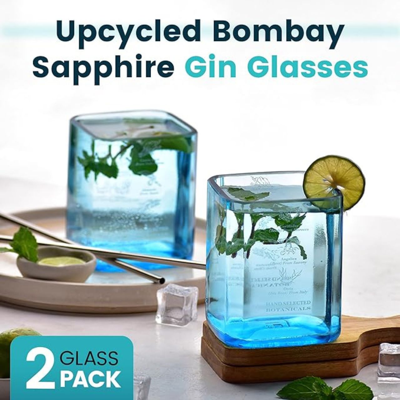 Kavi The Poetry-Art Project Upcycled Bombay Sapphire Glass | Set of 2