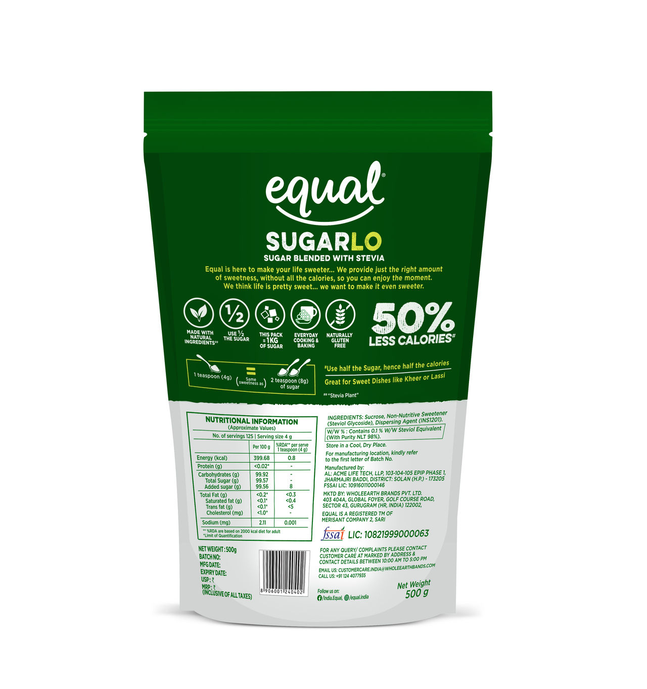 Equal Sugar Lo Sugar Blended With Stevia 50% Less Calories