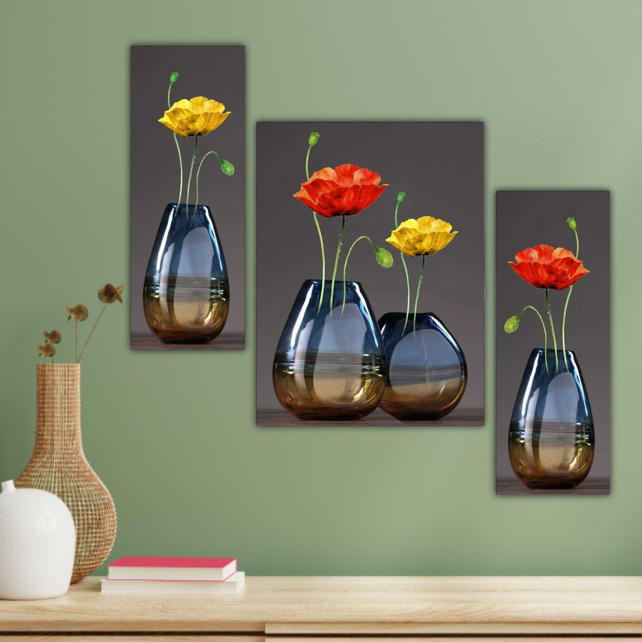 Saf Flower Pot Paintings With Frame Digital Reprint 18 Inch X 12 Inch (With Frame, Pack Of 3)