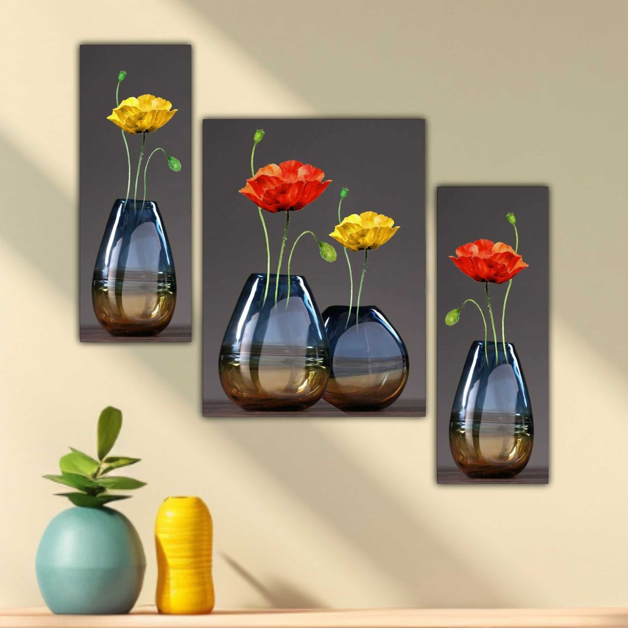 Saf Flower Pot Paintings With Frame Digital Reprint 18 Inch X 12 Inch (With Frame, Pack Of 3)
