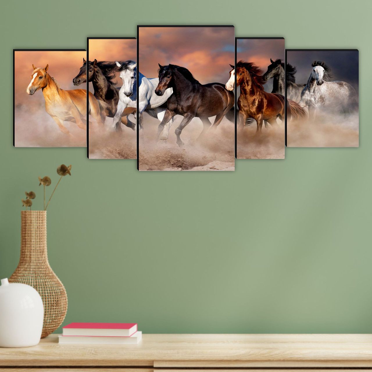 Saf 7 Horses Large Digital Reprint 18 Inch X 42 Inch Painting (Without Frame, Pack Of 5)