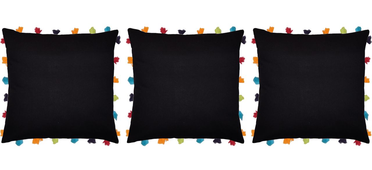 Lushomes Boho Cushion Cover - Black | Tassels & Pom Pom | 18 x 18 inch